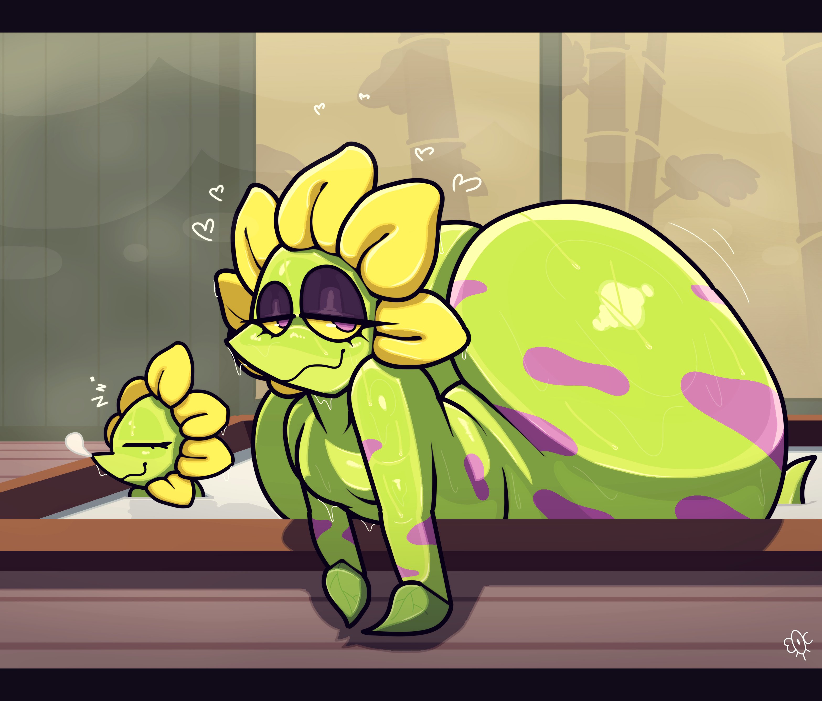 :3, 2026, 2d, 2d (artwork), ambiguous gender, ass, bedroom eyes, big ass, big butt, bottom heavy, color, colored, deltarune, deltarune chapter 5, digital drawing (artwork), digital media (artwork), eocvevo, fat ass, fat butt, femboy, floradinn, flower, flower creature, gay, glistening, glistening ass, glistening butt, green body, half-closed eyes, heart, heart symbol, hearts around head, homosexual, homosexual male, huge ass, huge butt, lewdyant, looking at viewer, male, male only, motion lines, pool, purple spots, sleeping, steam, steam clouds, thick ass, thick butt, undertale (series), wet, wet body, zzz