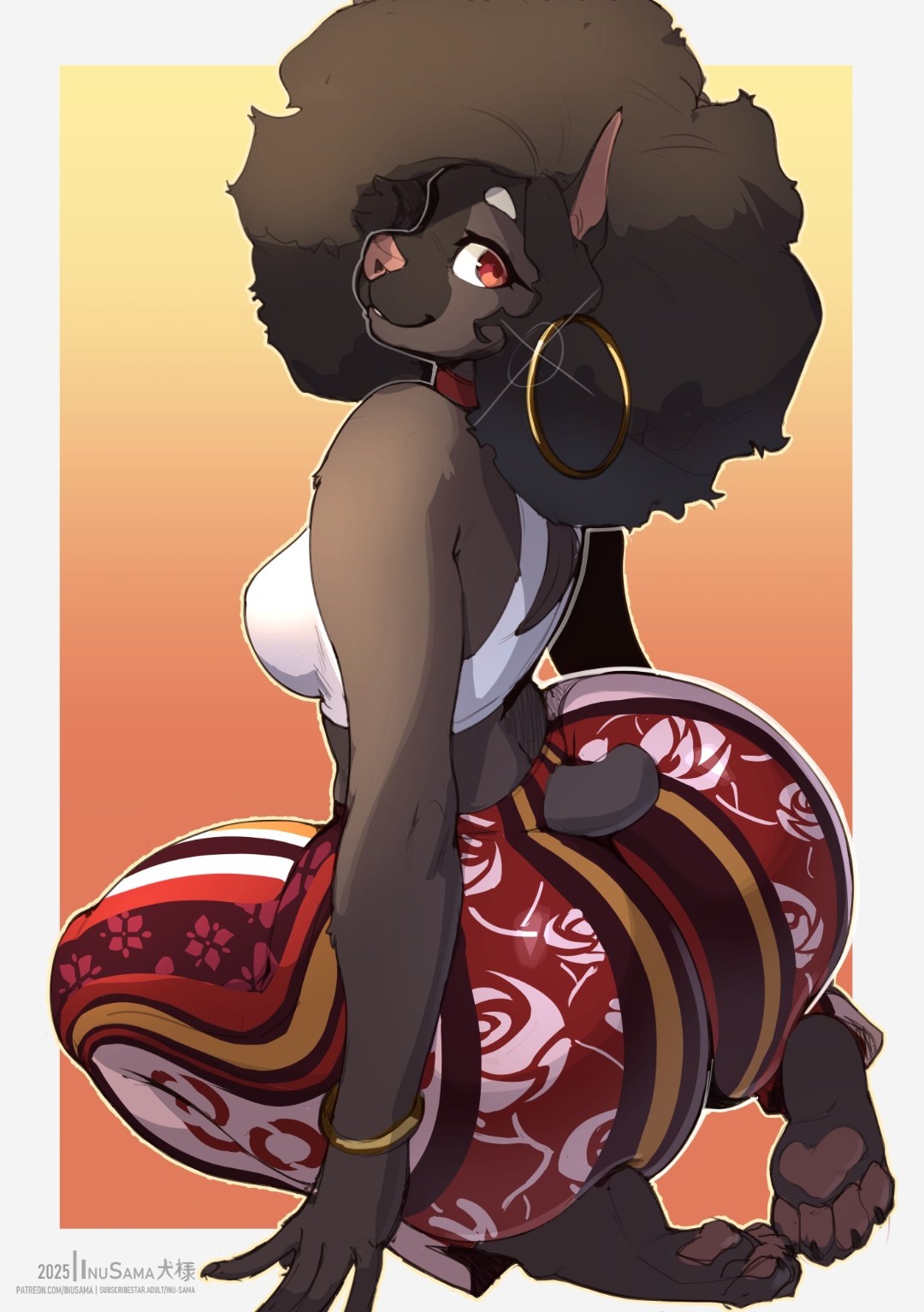 aryn (faizenek), aryn (the dogsmith), big ass, boobs, crop top, earring, faizenek, feet, forbidden pants, from behind, furry, furry female, inu-sama, looking at viewer, on knees, sexy pose, small boobs, tail, the dogsmith