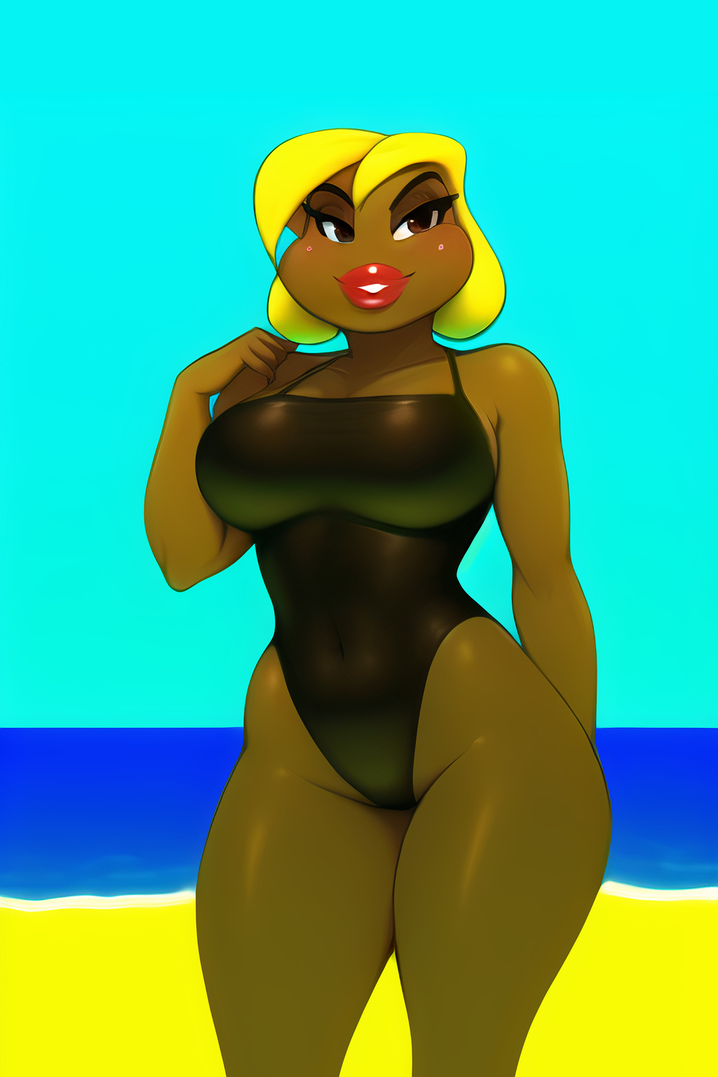 ai_generated anthro beach blonde_hair blue_sky brown_skin dark-skinned_female dark_skin female female_only goomba hand_on_head mario_(series) nai_diffusion nintendo posing red_lipstick sand smile smiling stable_diffusion swimsuit swimwear thick_lips thick_thighs water wide_hips