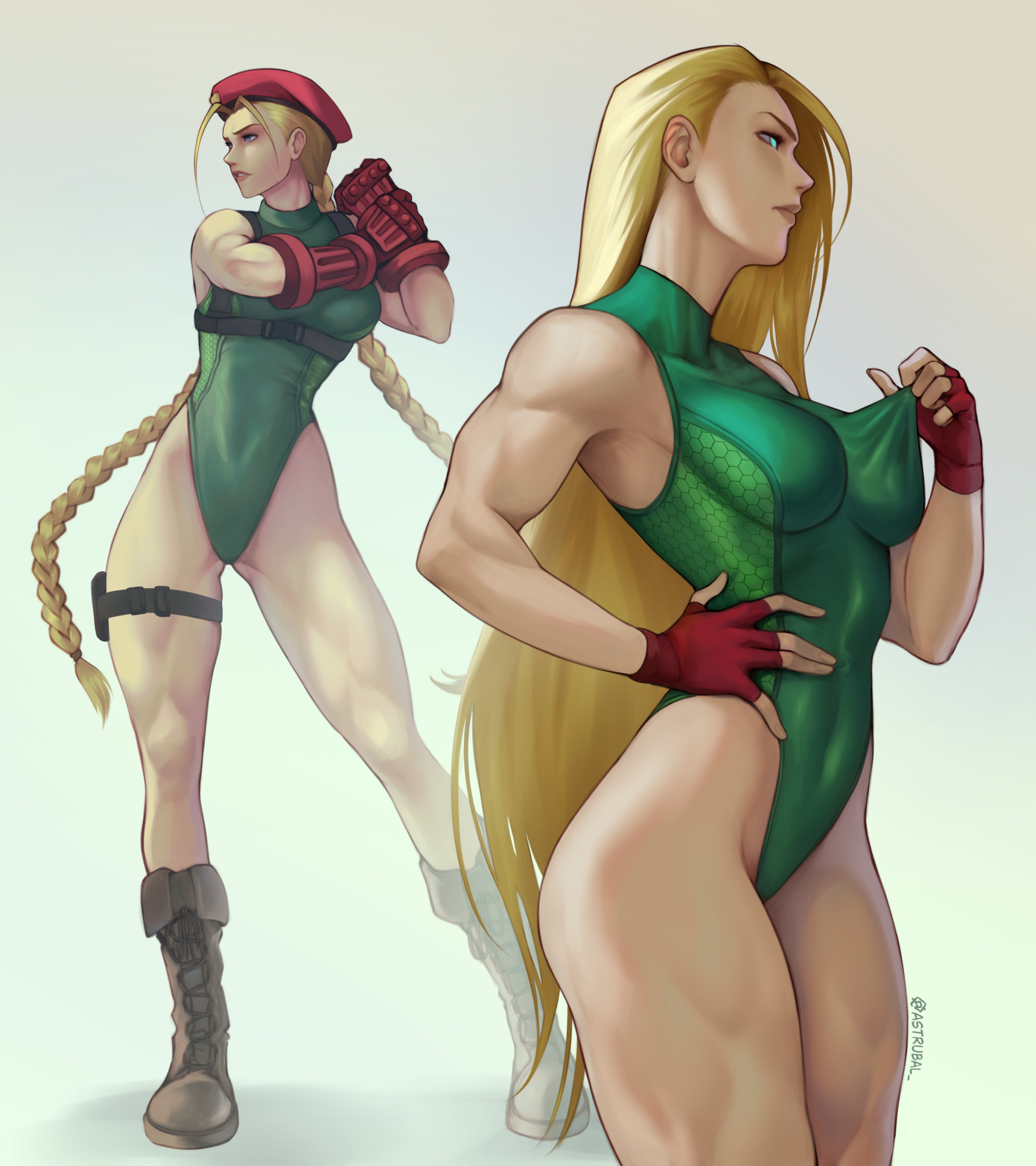 1girls, blonde, blonde female, blonde hair, blonde-haired female, breasts, cammy white, clothes pull, female, green leotard, hair down, hat, leotard, long hair, medium breasts, multiple views, red hat, solo, solo female, street fighter, street fighter 6, street fighter ii, street fighter v, twintails