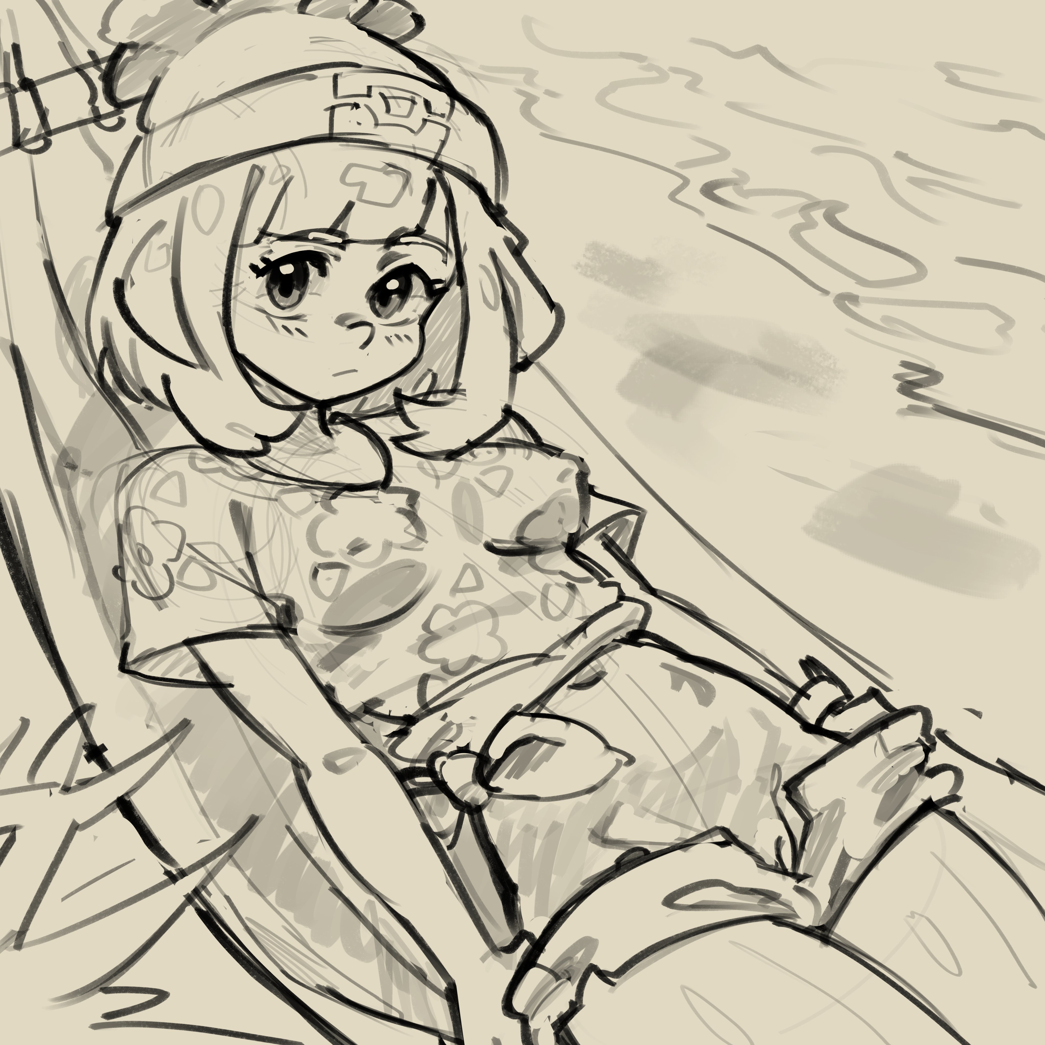 1girls, clothed, female, female focus, female only, flashing, hammock, jean shorts, legs, lu blu, nipple bulge, pokemon, pokemon sm, selene (pokemon), shorts down, sketch
