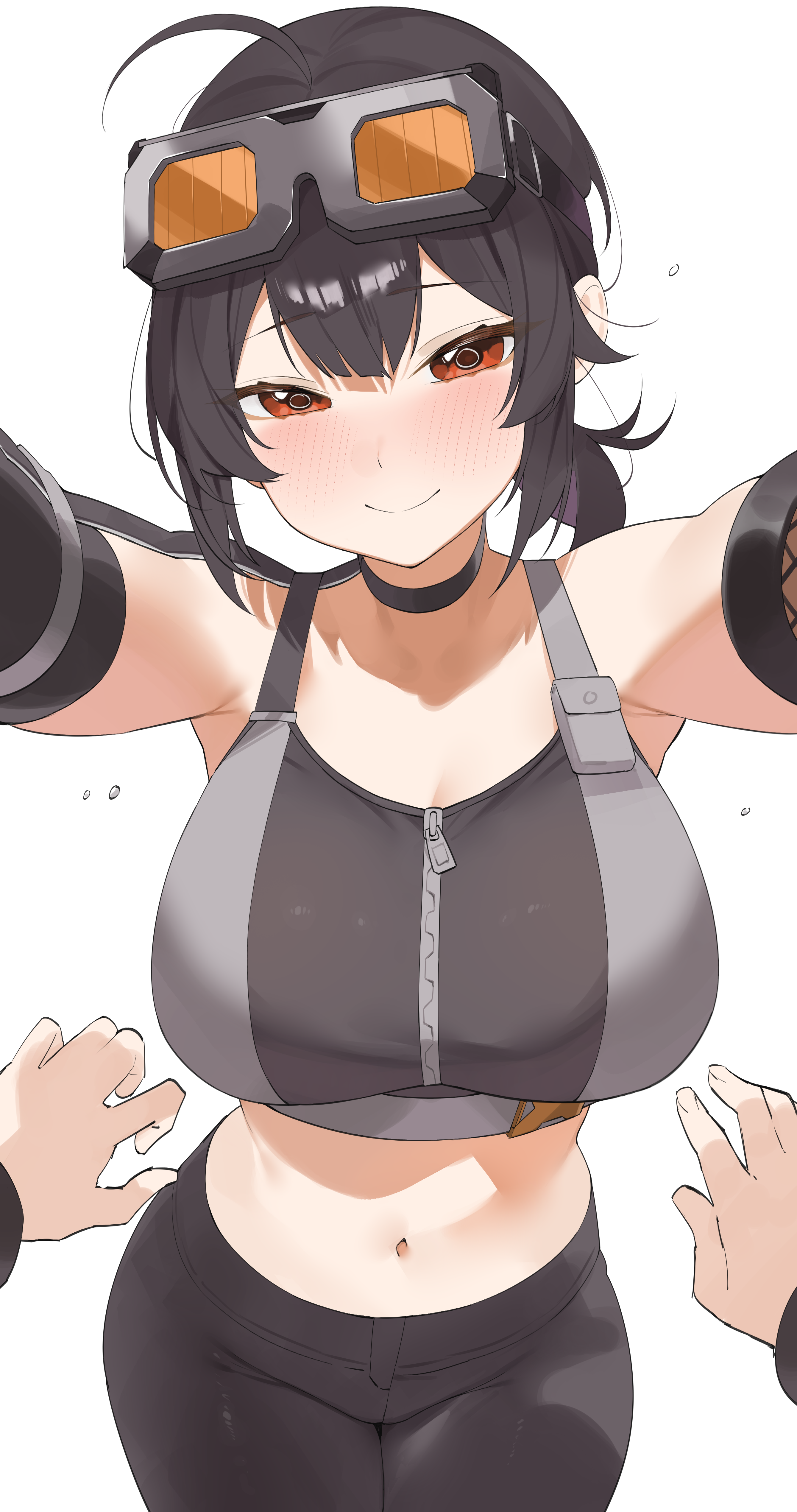 1boy, 1girls, assertive female, beautiful woman, big breasts, blush, blushing, blushing at viewer, breasts, byeon dha, curvaceous, curvy, curvy female, female, female focus, grace howard, heavenly body, large breasts, light skin, light-skinned female, looking at viewer, male pov, midriff, navel, outstretched arms, pov, smile, smiling, smiling at viewer, wholesome, wise (zenless zone zero), zenless zone zero