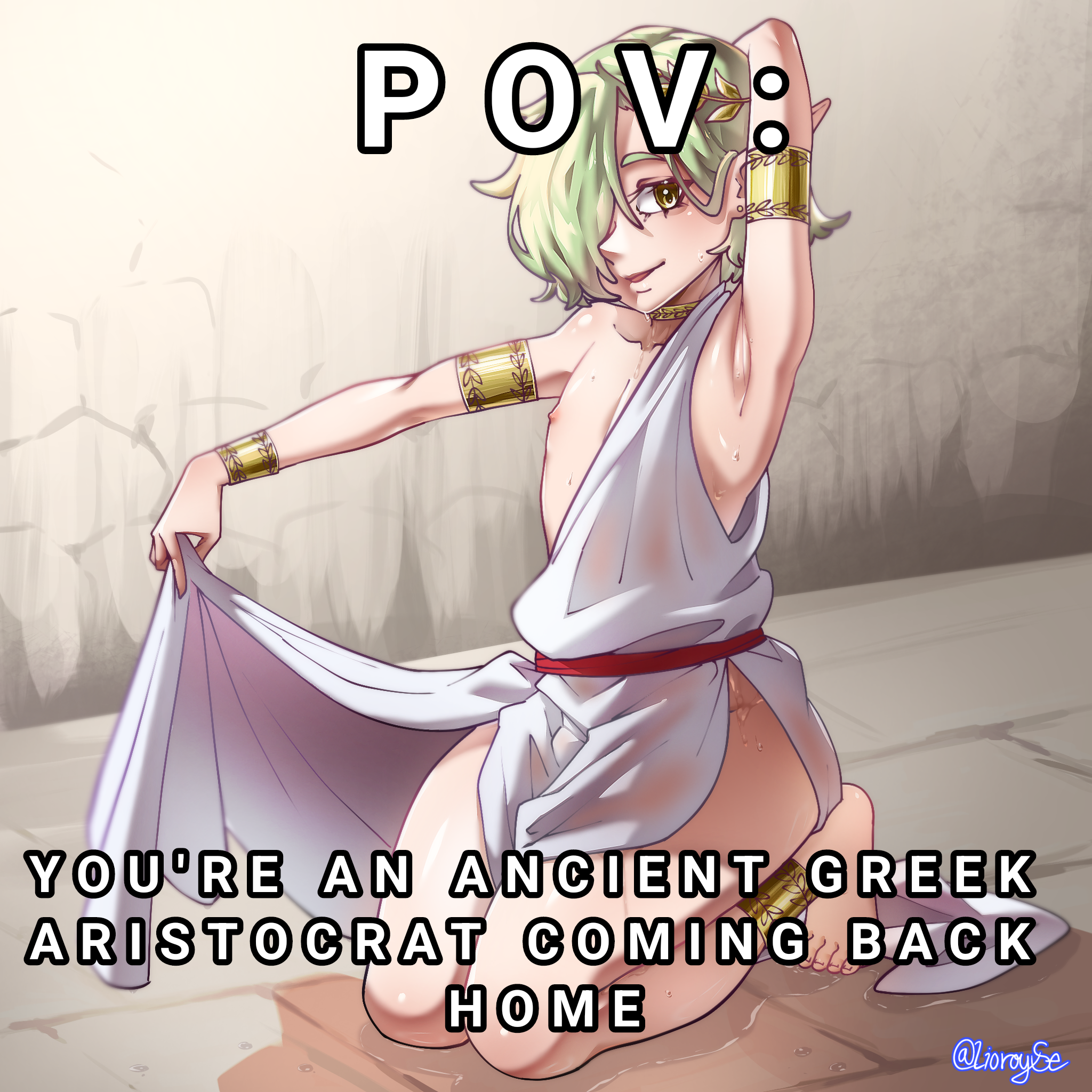 bulge, elf, elf ears, elf femboy, elf male, elsvime, femboy, greek clothing, greek history, history, selehyme (artist), soaked, thick thighs