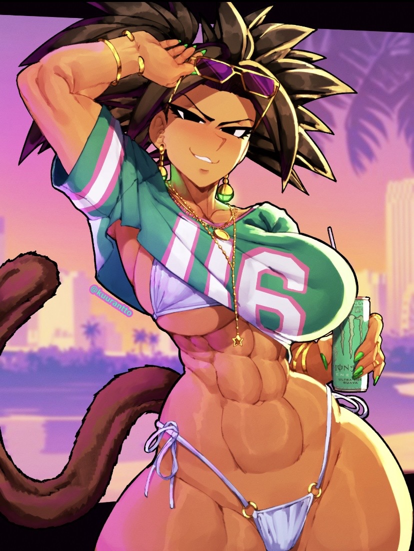1girls, abs, background, big breasts, bikini, black eyes, black hair, breasts, cosplay, crop top, dragon ball, dragon ball super, female, female only, female saiyan, grand theft auto, grand theft auto vi, green nail polish, green nails, gta vi cover girl, gta vi cover girl (cosplay), holding, holding beverage, holding can, holding object, kefla, kefla (dragon ball), kuurant, large breasts, looking at viewer, midriff, monster energy, muscular, muscular female, nail polish, navel, necklace, potara earrings, saiyan, saiyan female, saiyan tail, shirt, smile, smirk, solo, sunglasses, sunglasses on head, swimsuit, tail, thick thighs, underboob, white bikini