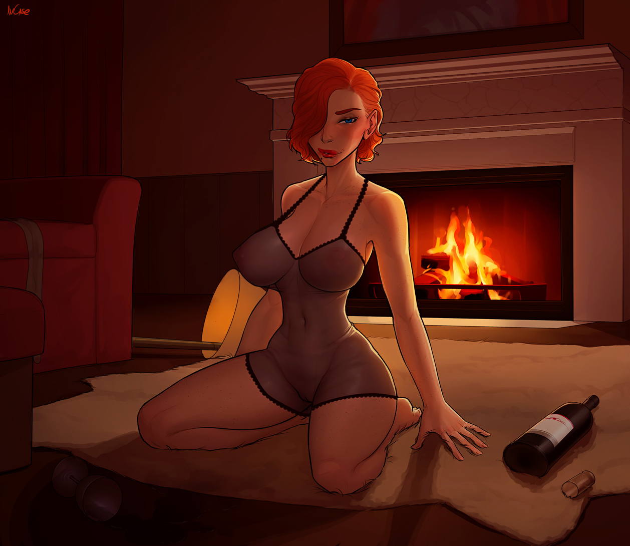 1girls, barefoot, blue eyes, blush, breasts, drunk, female, female only, fire, fireplace, ginger, hair over one eye, incase, kneeling, large breasts, miss portia (incase), mole, mole under mouth, navel, nipples, orange hair, original, pale skin, perky breasts, pussy, red hair, see-through, short hair, solo, thighs, wine