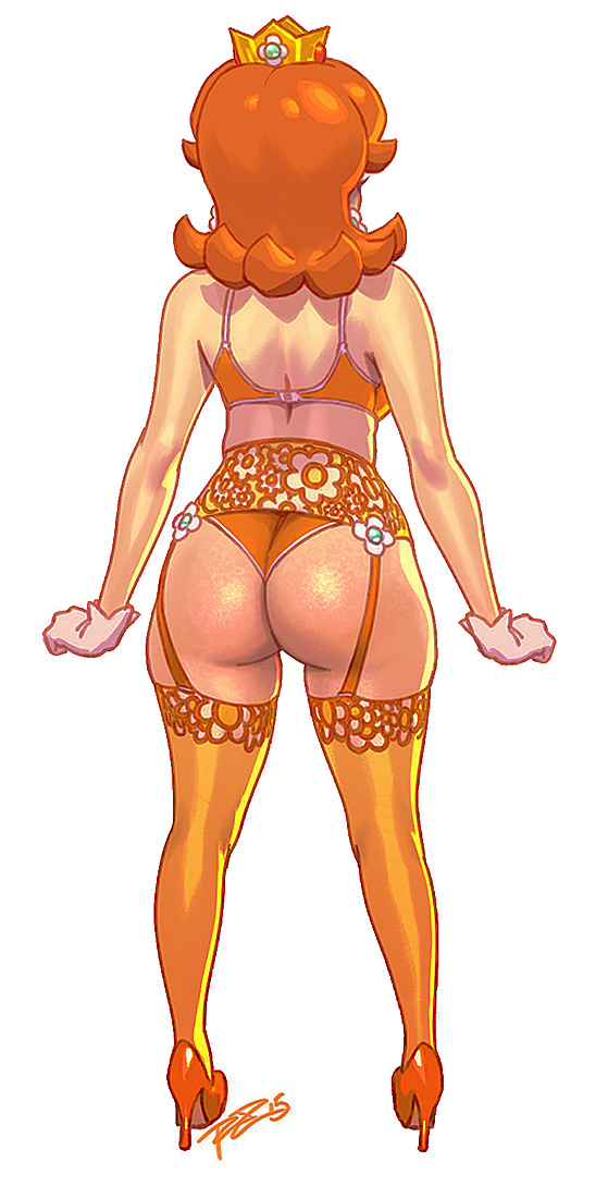 1girls 2015 ass back_view big_ass bimbo bra brown_hair bubble_butt clothed crown dat_ass earrings female female_only from_behind garter_belt garter_straps garterbelt gloves high_heels highheels human lingerie long_hair mario_(series) medium_breasts negarobo nintendo orange_hair panties princess_daisy simple_background solo standing thighhighs thong white_background white_gloves