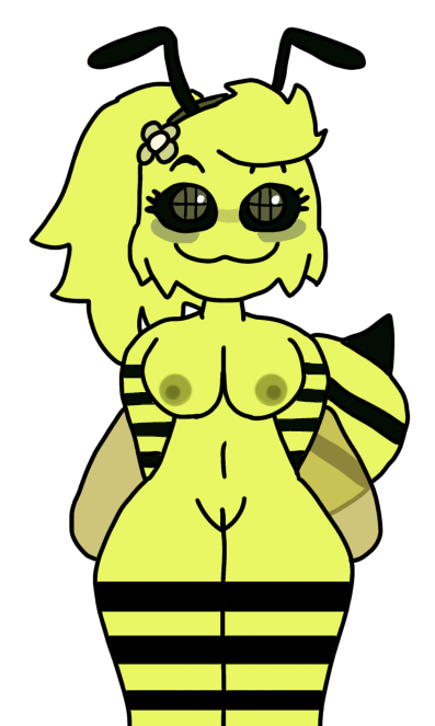 accurate_artstyle antennae bee bee_girl bweswees_bizznip colorbox_(mustard) green_eyes hands_behind_back incredibox naked naked_female no_clothes showing_breasts showing_pussy small_breasts solo striped_body striped_fur stripes thick_thighs unclothed white_background wings