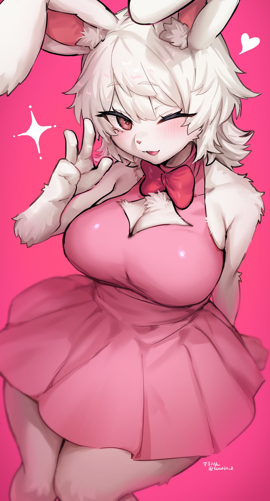 1girls 2024 anthro big_breasts blush cleavage_cutout dress female female_only fur furry hi_res lagomorph leporid looking_at_viewer neck_ribbon pink_background pink_dress pink_eyes smiling smiling_at_viewer solo suurin_(ksyaro) v_sign white_fur white_hair wink winking_at_viewer