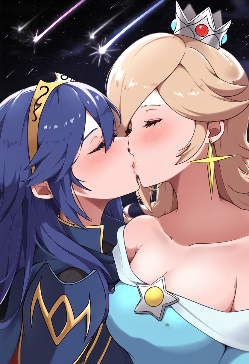 2girls ai_generated armor blonde_hair blue_eyes blue_hair blush cape closed_eyes clothed crossover crown date_night dress earrings female female_only fire_emblem fire_emblem_awakening fire_emblem_heroes hair_between_eyes human kiss_on_lips kissing lucina_(fire_emblem) mario_(series) multiple_girls nintendo phyneo princess_dress princess_rosalina shooting_star smash_bros smash_bros_ultimate space stars super_smash_bros. tiara wholesome yuri