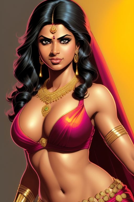 ai_generated armlet bare_shoulders big_breasts bindi black_eyes black_hair blouse cleavage dark-skinned_female dark_skin earrings gold_jewelry hourglass_figure indian indian_clothes indian_female jewelry looking_at_viewer midriff navel necklace saree sari simple_background slim_waist smile smiling smiling_at_viewer solo solo_female upper_body