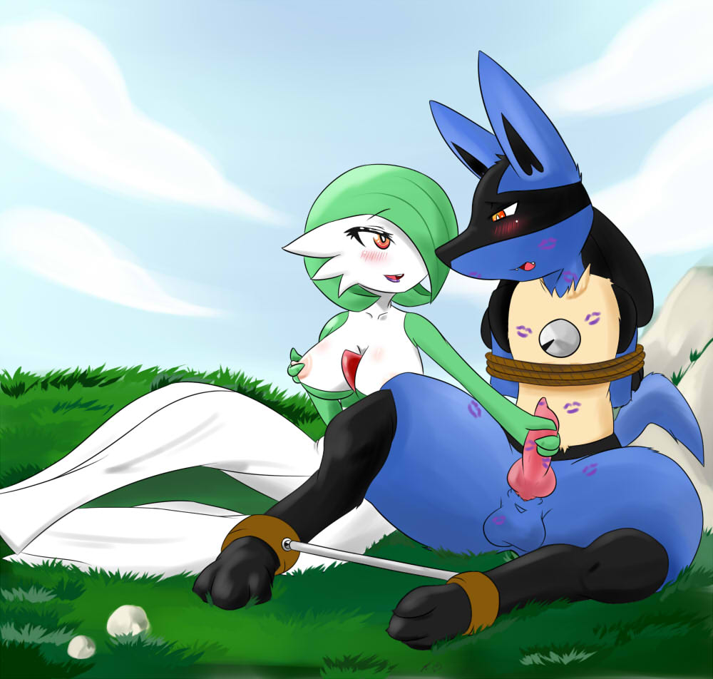 anthro balls barefoot blush bondage breasts canine erection female femdom fur gardevoir green_hair handjob humanoid jackal kamikitsu knot lipstick lipstick_mark lipstick_marks lipstick_on_balls lipstick_on_penis looking_down looking_up lucario male nintendo nipples open_mouth outside penis pokemon pokemon_(species) pokemon_rse purple_lipstick red_eyes rope sharp_teeth short_hair sitting smile squint straight video_games white_skin