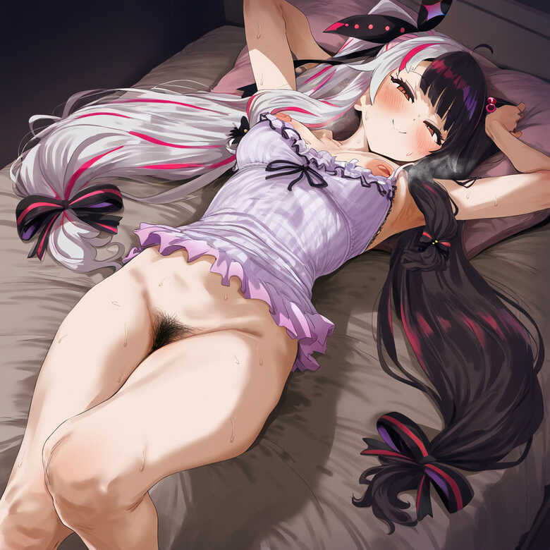 ai_generated bed black_hair blush bottomless breasts_out hair_ribbon hairbow half-dressed large_breasts looking_at_viewer medium_breasts nijisanji nyakki on_back on_bed pajamas pubic_hair ready_to_fuck red_eyes smile two_tone_hair virtual_youtuber vtuber white_hair yorumi_rena