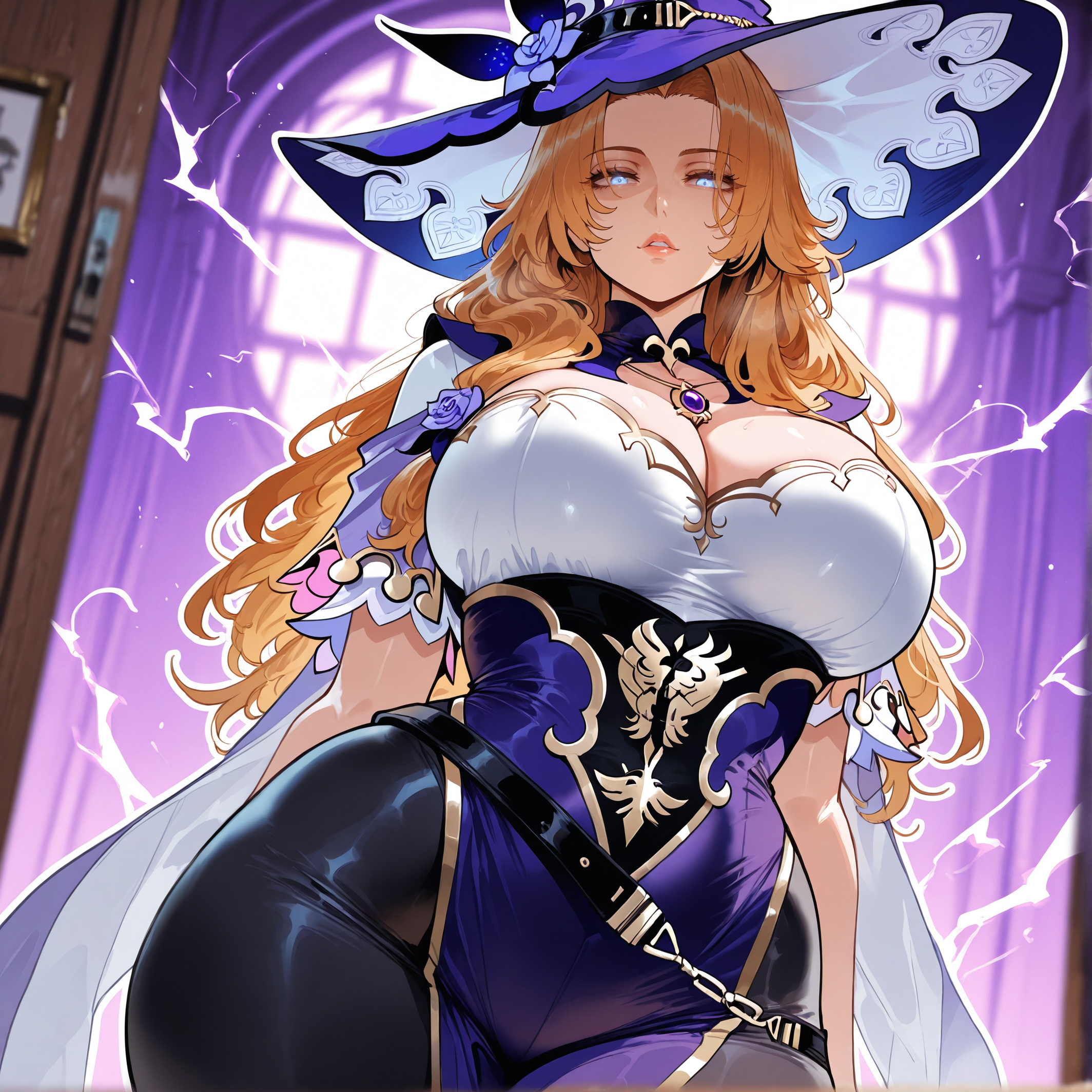 1girls, ai generated, belt, big breasts, bleach, bleach: the thousand-year blood war, blue eyes, breasts, cleavage, clothing, cosplay, curvaceous, curvaceous female, curvaceous figure, curvy, curvy figure, dress, electricity, female, female focus, female only, flower, from below, genshin impact, glowing eyes, hat, hat belt, hat flower, headwear, huge breasts, indoors, inviting, inviting to sex, jewelry, large breasts, large hat, lips, lisa (genshin impact) (cosplay), long hair, looking at viewer, low neckline, matsumoto rangiku, miyuai, multicolored clothes, multicolored dress, orange hair, pantyhose, parted bangs, parted lips, pelvic curtain, presenting, presenting ass, presenting breasts, presenting hindquarters, presenting self, purple capelet, purple dress, purple flower, purple headwear, purple rose, rose, seductive, seductive look, seductive smile, short sleeves, solo, thick thighs, thighs, tight clothes, tight dress, tight pants, vision (genshin impact), voluptuous, voluptuous female, wide hips, window, witch, witch hat