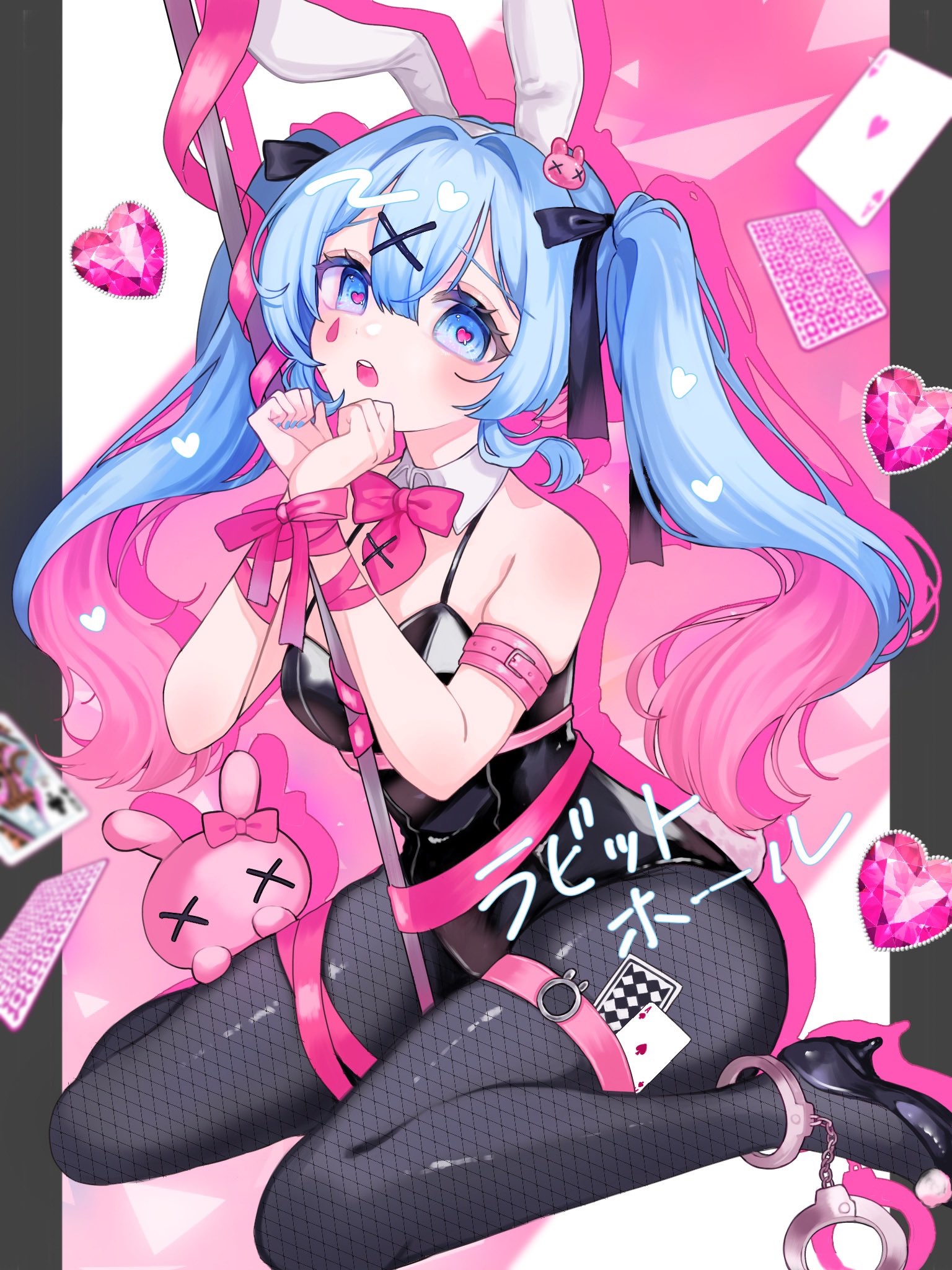 1girl, 1girls, amiami tights, animal ears, bdsm, belt, black footwear, black leotard, black ribbon, blue eyes, blue hair, blue nails, bound, bound wrists, bow, bow tie, bunny ears, bunny girl, bunny tail, bunnysuit, card, cuffs, cute, cyan eyes, cyan hair, detached collar, fake animal ears, fishnet pantyhose, fishnets, hair ornament, hairpin, handcuffs, hatsune miku, heart, heart eyes, heart-shaped pupils, heel, high heels, huge thighs, japanese text, jewelry, leotard, long hair, looking at viewer, multicolored hair, nails, open mouth, pantyhose, pink, pink background, pink eyes, pink hair, pink heart, pink ribbon, pink tie, playboy bunny, playing card, playing cards, rabbit, rabbit ears, rabbit hole (vocaloid), rabbit stuffed animal, ribbon, shape, sitting, solo, stuffed animal, stuffed bunny, stuffed toy, symbol-shaped pupils, text, thigh belt, thighs, tie, tights, twintails, two-colour hair, vocaloid, wariza, x hair ornament