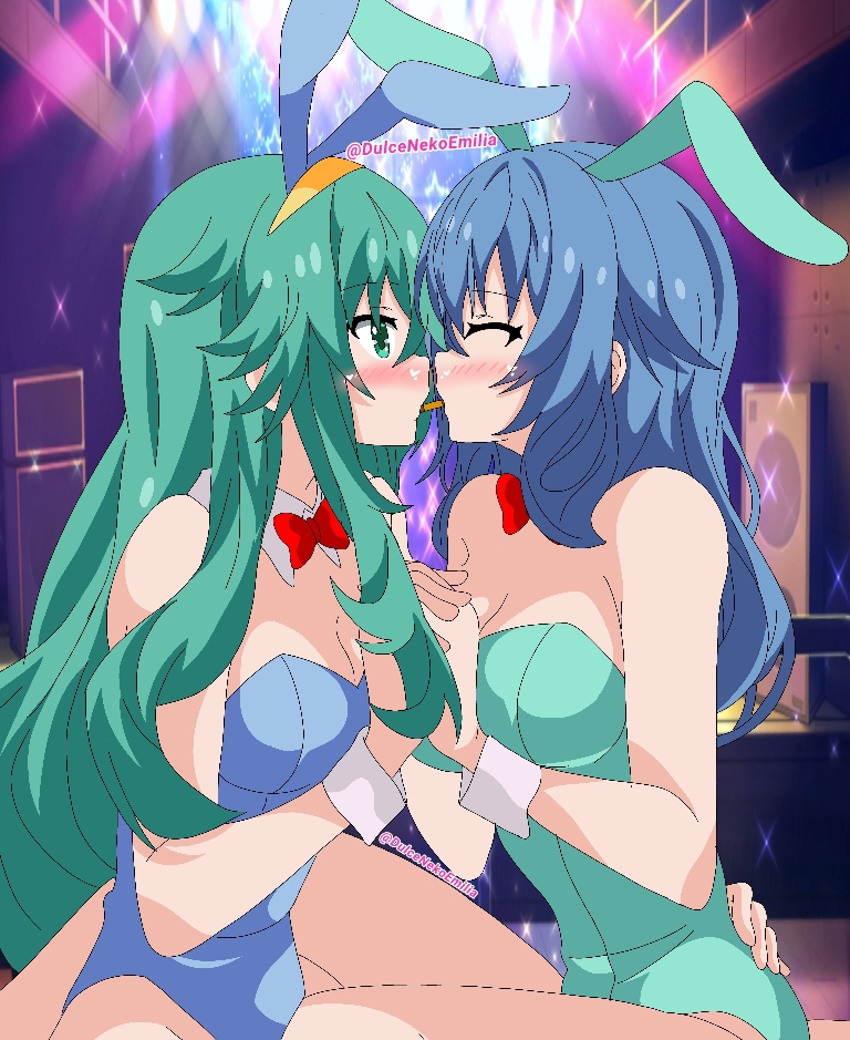 2d 2d_(artwork) 2girls blue_eyes blue_hair blush breasts bunny_ears bunnysuit closed_eyes date_a_live dulcenekoemilia female_only green_eyes green_hair himekawa_yoshino holding_hands kissing kyouno_natsumi light-skinned_female long_hair looking_at_another small_breasts thighs