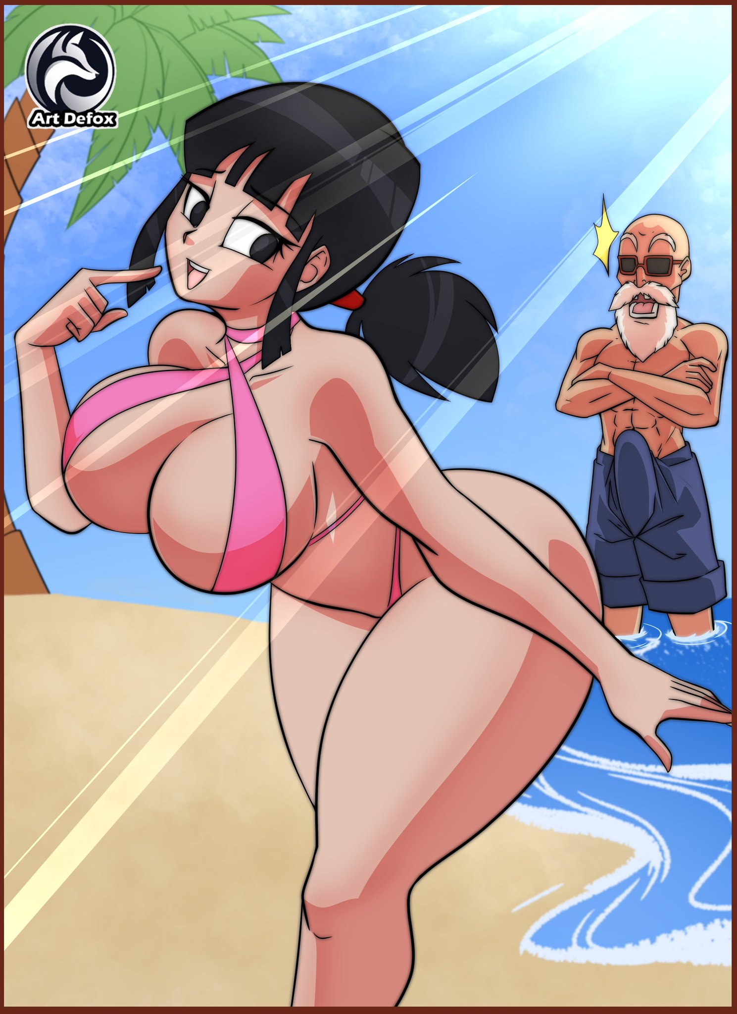 artdefox, beach, bent over, big breasts, bikini, boner, breasts, chichi, dragon ball, dragon ball super, dragon ball z, erection under clothes, female, looking at ass, male, master roshi, milf, nice ass, older male, swimsuit, younger female