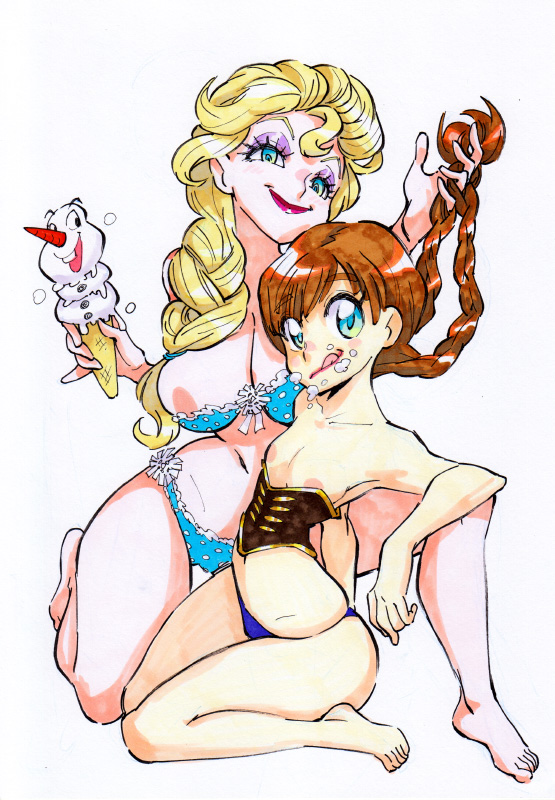 2girls anna_(frozen) blonde_hair bra braid breasts brown_hair corset disney elsa_(frozen) frozen_(film) ice_cream ice_cream_cone makeup multiple_girls nipple_slip nipples panties polka_dot_panties rafchu siblings sisters twin_braids