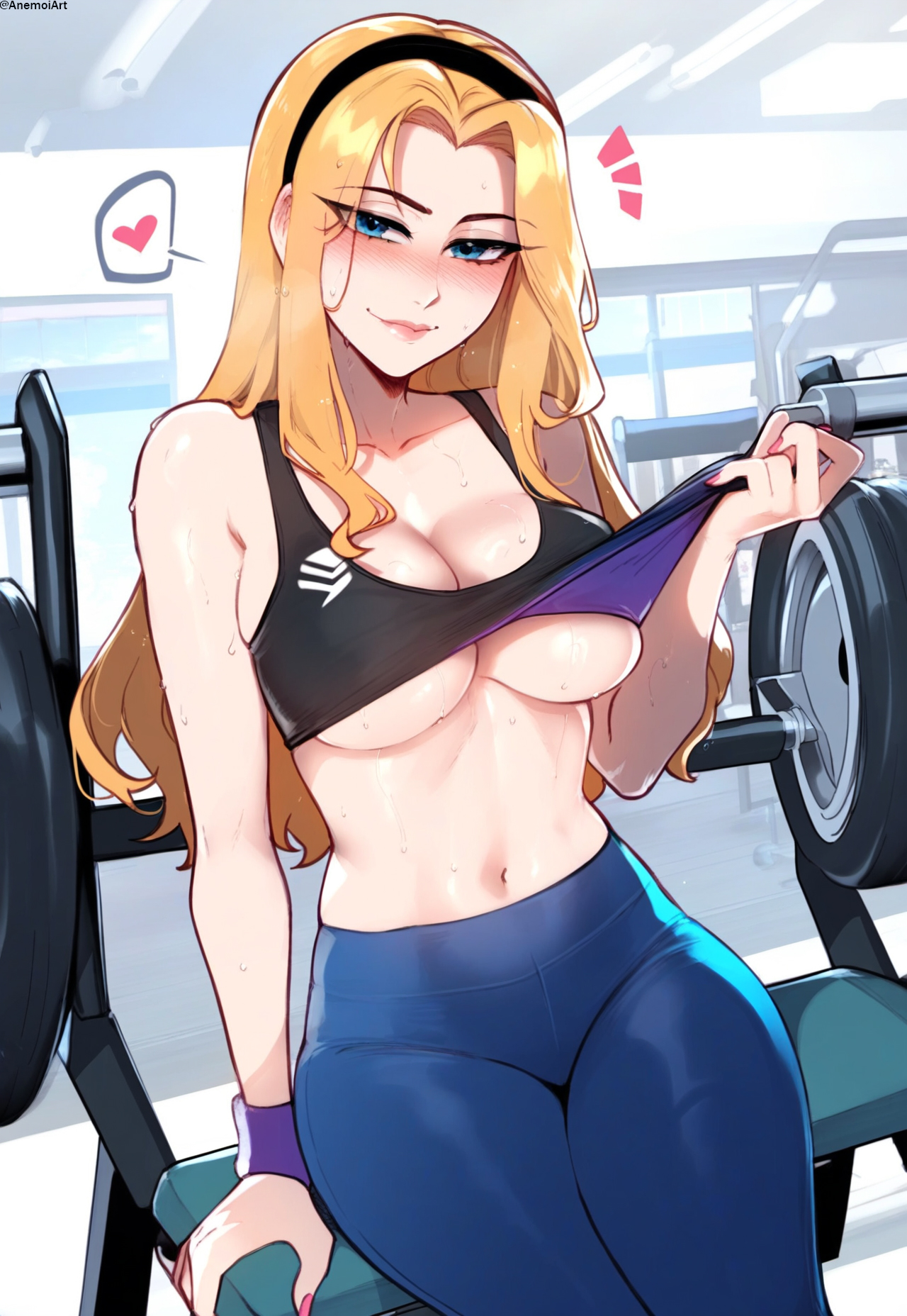 1girls, ai generated, anemoi, blonde female, blonde hair, blue eyes, blush, bra, breasts, female, female focus, female only, flustered, front view, gym, gym bottomwear, gym clothes, gym clothing, gym uniform, headband, headwear, league of legends, leggings, lifted by self, looking at viewer, luxanna crownguard, midriff, nail polish, navel, riot games, sitting, solo, solo female, solo focus, spoken heart, sports bra, sportswear, steam, steaming body, steamy breath, sweat, sweatdrop, sweating, sweaty, sweaty body, sweaty breasts, teasing, teasing viewer, tight clothes, tight clothing, watermark, workout clothes, workout clothing, yoga pants