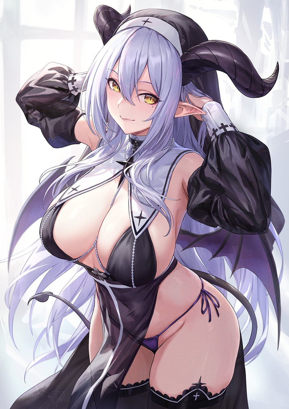 arms_up breasts choker cleavage demon_girl demon_horns demon_tail demon_wings detached_sleeves guchico_(guchico77) horns large_breasts long_hair no_bra nun original pelvic_curtain pointy_ears purple_hair revealing_clothes sideboob sideless_outfit tail thighhighs wings yellow_eyes