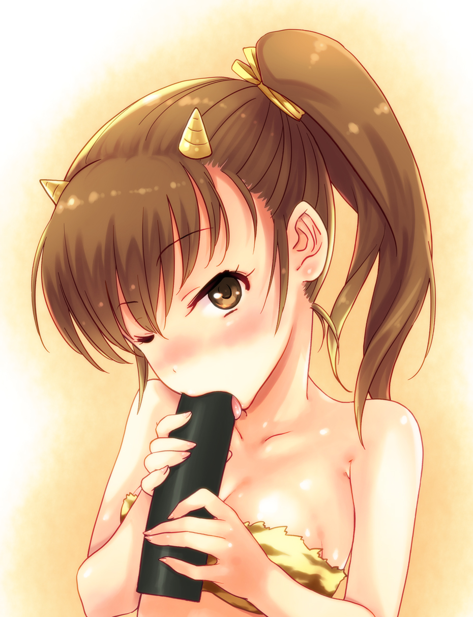 breasts brown_eyes brown_hair cleavage clothing female futami_mami fuyube_rion highres horns idolmaster long_hair makizushi one_eye_closed oni sexually_suggestive side_ponytail solo sushi tiger_print tongue wink