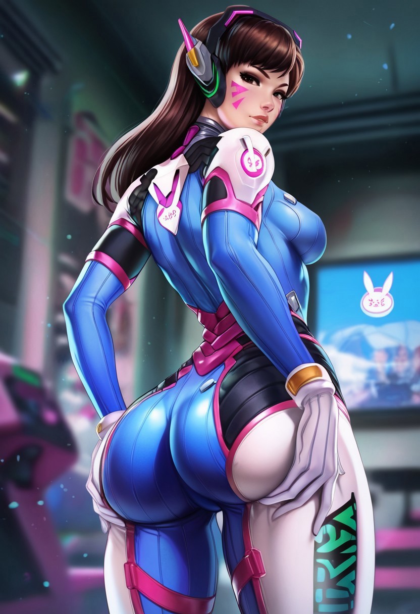 ai_generated ass_grab ass_support back_view bodysuit clothed clothed_female d.va looking_at_viewer overwatch seductive_look showing_ass solo_female