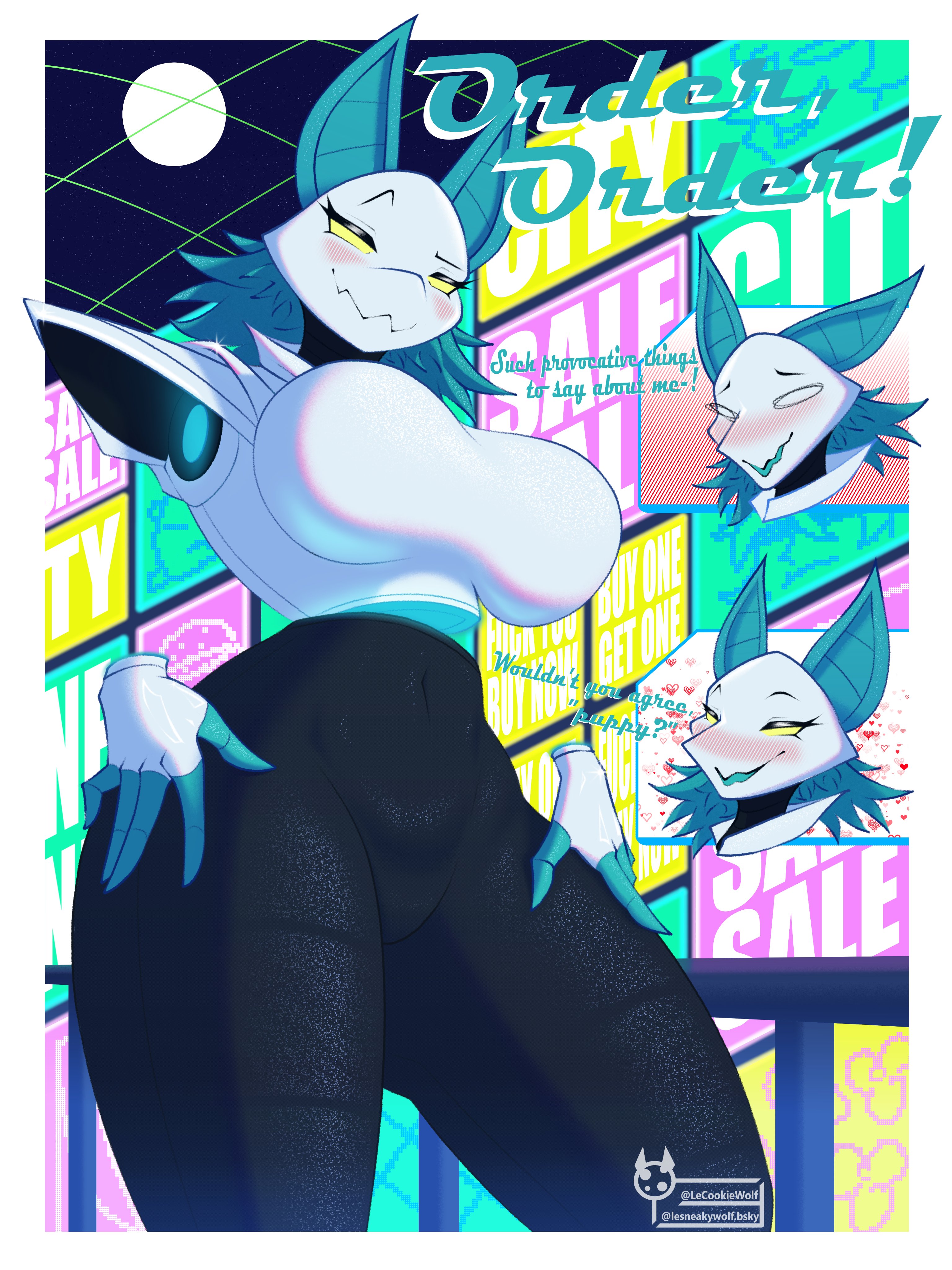 belly, belly button, big breasts, big ears, blue hair, blush, blushing at viewer, breasts, crotch, deltarune, deltarune chapter 2, english text, female, floating hands, lecookiewolf, legs, looking at viewer, mommy, mommy kink, moon, tasque manager (deltarune), thicc, thick, thick legs, thick thighs, thighs, yellow eyes