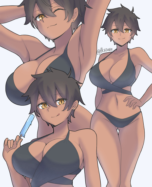 akazuan_19 bikini black_bikini dark_skin huge_breasts kurobe_natsumi_(shiromanta) looking_at_viewer smile