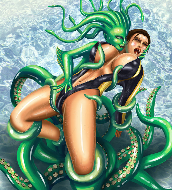 2girls arms_behind_back blush brown_eyes brown_hair closed_eyes female front_zipper green_skin grope hand_on_head huge_breasts imminent_rape interspecies kraken lara_croft lara_croft_(l.a.u.) leotard monster monster_girl multiple_girls navel nipple_tweak ocean open_mouth rape restrained smile spread_legs svoidist tentacle_sex tentacles tomb_raider tomb_raider_(l.a.u.) unzipped unzipping water wetsuit white_eyes wince yuri zipper