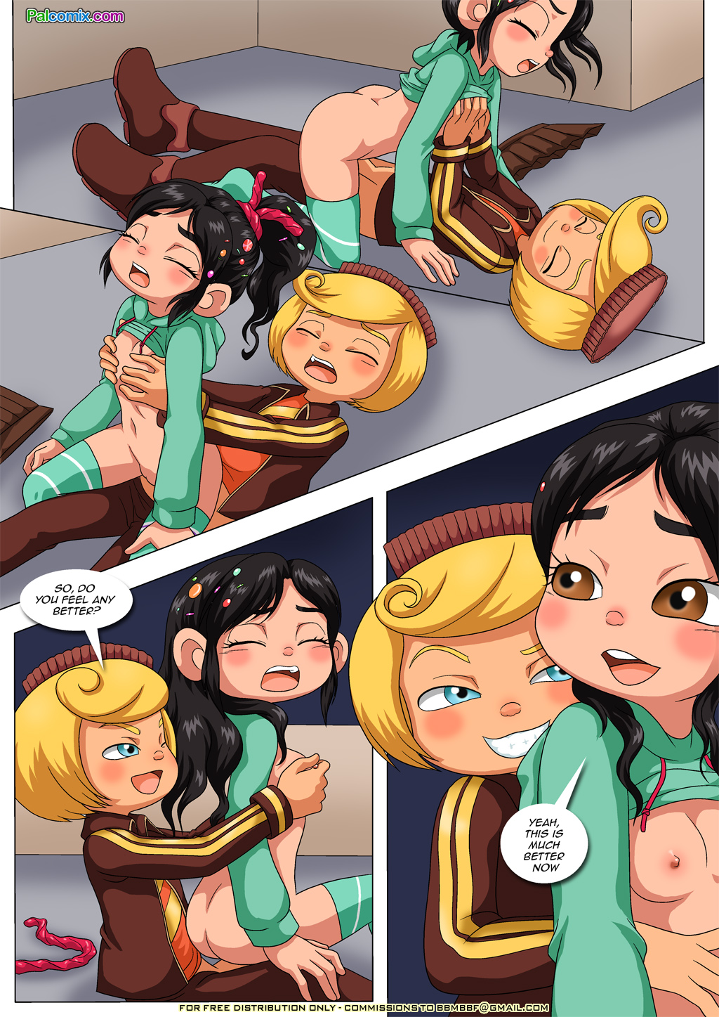 black hair, blonde hair, breast grab, breasts, comic, disney, female, hair curl, hoodie, jacket, male, nipples, palcomix, penetration, rancis fluggerbutter, straight, tagme, vanellope von schweetz, wreck-it ralph