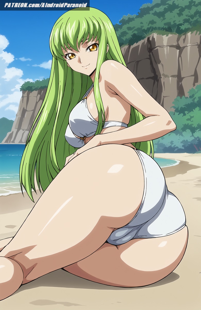ai generated, aindroidparanoid, ass, ass focus, beach, big ass, big breasts, big butt, bikini, breasts, butt focus, c.c., cameltoe, code geass, curvy, fat ass, fat butt, female, female only, from behind, green hair, hips, huge ass, huge butt, large ass, large butt, long hair, lying, narrow waist, on bed, outdoors, pussy, sand, stable diffusion, straight hair, swimsuit, yellow eyes