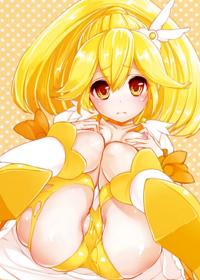 bike_shorts bike_shorts_under_skirt blonde_hair boots bow choker content_rating cure_march cure_peace eyelashes female hair_flaps hair_ornament halftone heart long_hair magical_girl nipples orange_choker polka_dot polka_dot_panties shorts skirt solo tears tiara torn_clothes yayoi_kise yellow_bow yellow_choker yellow_eyes yellow_shorts yellow_skirt yellow_theme