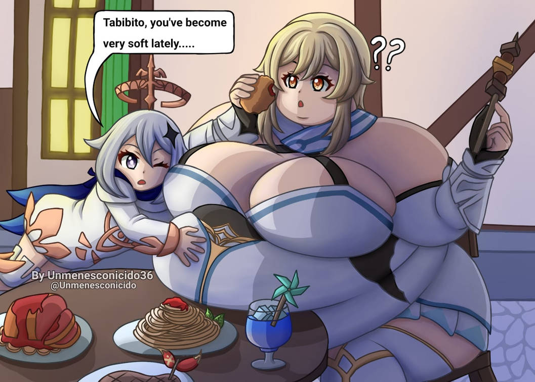 2girls bangs bangs_between_eyes belly belly_bulge belly_eating_table belly_expansion belly_grab belly_press blonde_female blonde_hair blonde_hair_female bulking bulking_up chubby chubby_belly chubby_face chubby_female cleavage deep_cleavage dialogue fat fingerless_gloves food_on_table genshin_impact holding_food hoyoverse huge_ass huge_belly huge_breasts huge_butt huge_thighs larger_female light-skinned_female lumine_(genshin_impact) mihoyo mihoyo_technology_(shanghai)_co._ltd. mondstadt mondstadt_background obese_female one_eye_closed open_mouth paimon_(genshin_impact) silver_eyes silver_hair size_difference smaller_female stretched_clothing tiara town_background unmenesconicido36 vambraces weight_gain white_dress white_legwear white_scarf wide_hipped_female wide_hips wide_shoulders yellow_eyes