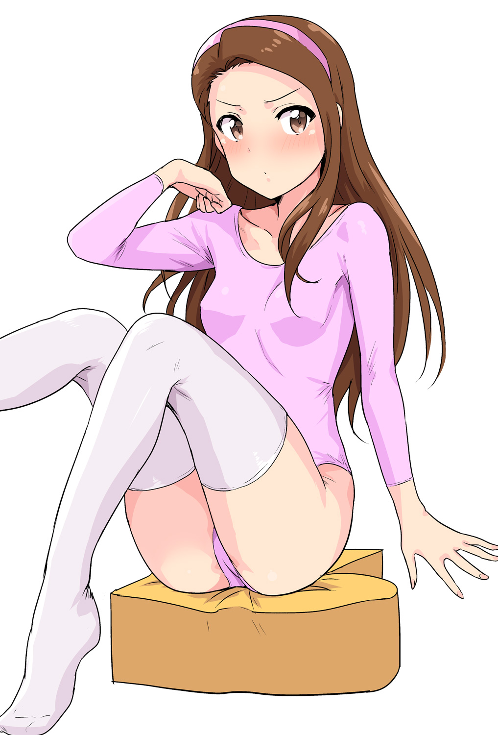 blush brown_hair collarbone erect_nipples female hairband highres idolmaster leotard long_hair looking_at_viewer minase_iori sitting smile solo thighhighs tsurui