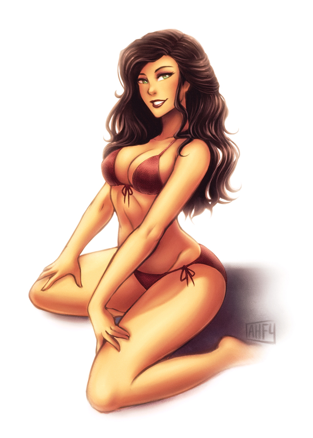 1girls, asami sato, avatar legends, bikini, black hair, breasts, cleavage, female, female only, green eyes, human, k-y-h-u, kneeling, large breasts, long hair, smile, solo, swimsuit, the legend of korra, thighs