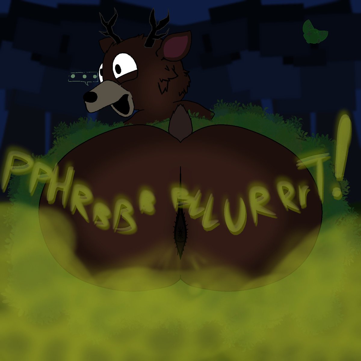 1boy, 99 nights in the forest, anthro, antlers, anus, anus focus, anus peek, ass, background, big ass, bottom heavy, brown fur, bush, bushes, chat box, creepy, deer, deer (99 nights in the forest), deer antlers, digital media (artwork), eggyfarts, fanart, fart, fart cloud, fart everywhere, fart fetish, farting, fur, furry, gassy, gigantic ass, horror, horror game, huge ass, hunting, looking pleasured, luzlanlombraps, male, male only, massive ass, nose, red pupils, roblox, shaded, simple background, smelly, smelly ass, smile, smug, solo, surprised, surprised expression, symbol, tail, thick ass, tree, woods