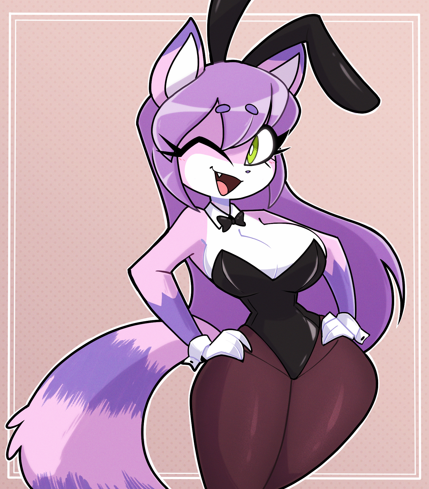 anthro, big breasts, breasts, bunny ears, bunnysuit, cat ears, catgirl, cleavage, clothed, cuffs (clothing), eyelashes, feline, fur, furry, furry female, furry only, gloves, hair, hands on hips, happy, leotard, long hair, looking at viewer, nelljoestar, open mouth, purple fur, purple hair, simple background, tail, thick thighs, unknown character, wink, winking at viewer