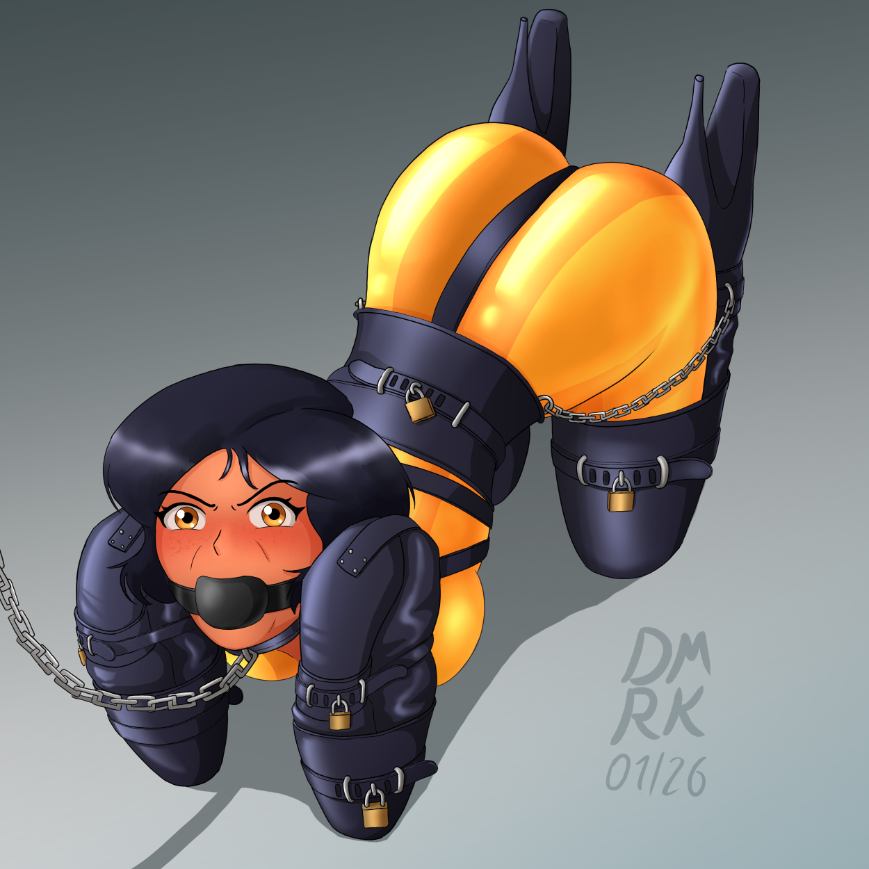 1girls, alex (totally spies), all fours, ball gag, ballet boots, ballet heels, bitch taken for walk, bitchsuit, black hair, boots, bound arms, bound hands, bound legs, chains, collar, female, female only, femsub, fully clothed, gag, gagged, heel boots, heeled boots, high heel boots, high heels, leash, lock, looking at viewer, looking up, on all fours, padlock, png, reika-kotomi, simple background, tight clothing, totally spies, very high heels, yellow clothing