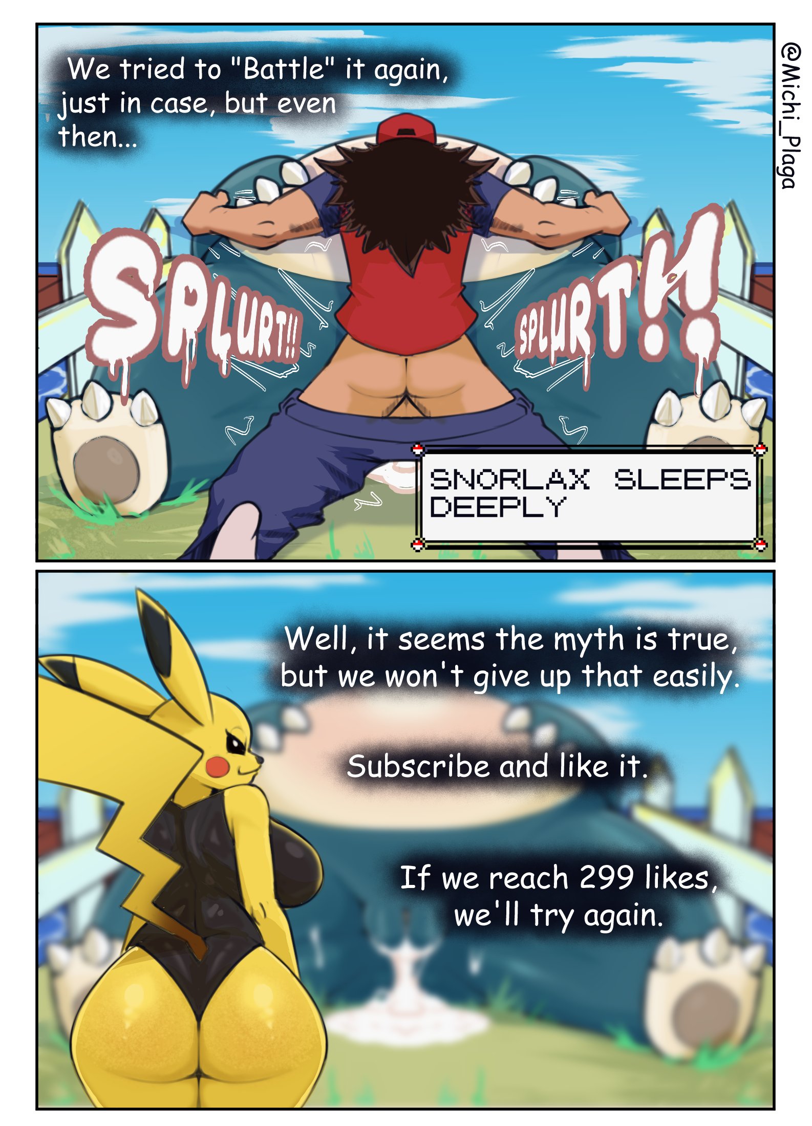 1boy, 2025, 2girls, after vaginal, anthro, ass, big breasts, black sclera, brown hair, comic, cum, cum in pussy, cum inside, dialogue, english text, female, generation 1 pokemon, hi res, human, human on pokemon, leotard, looking at viewer, looking back, looking back at viewer, male, michi plaga, narrowed eyes, nintendo, penetration, pikachu, plump labia, pokemon, pokemon (species), pokemon trainer, pokephilia, pussy, rear view, sex, sleep sex, smiling, snorlax, text, text box, thick ass, thick thighs, vaginal penetration, white eyes