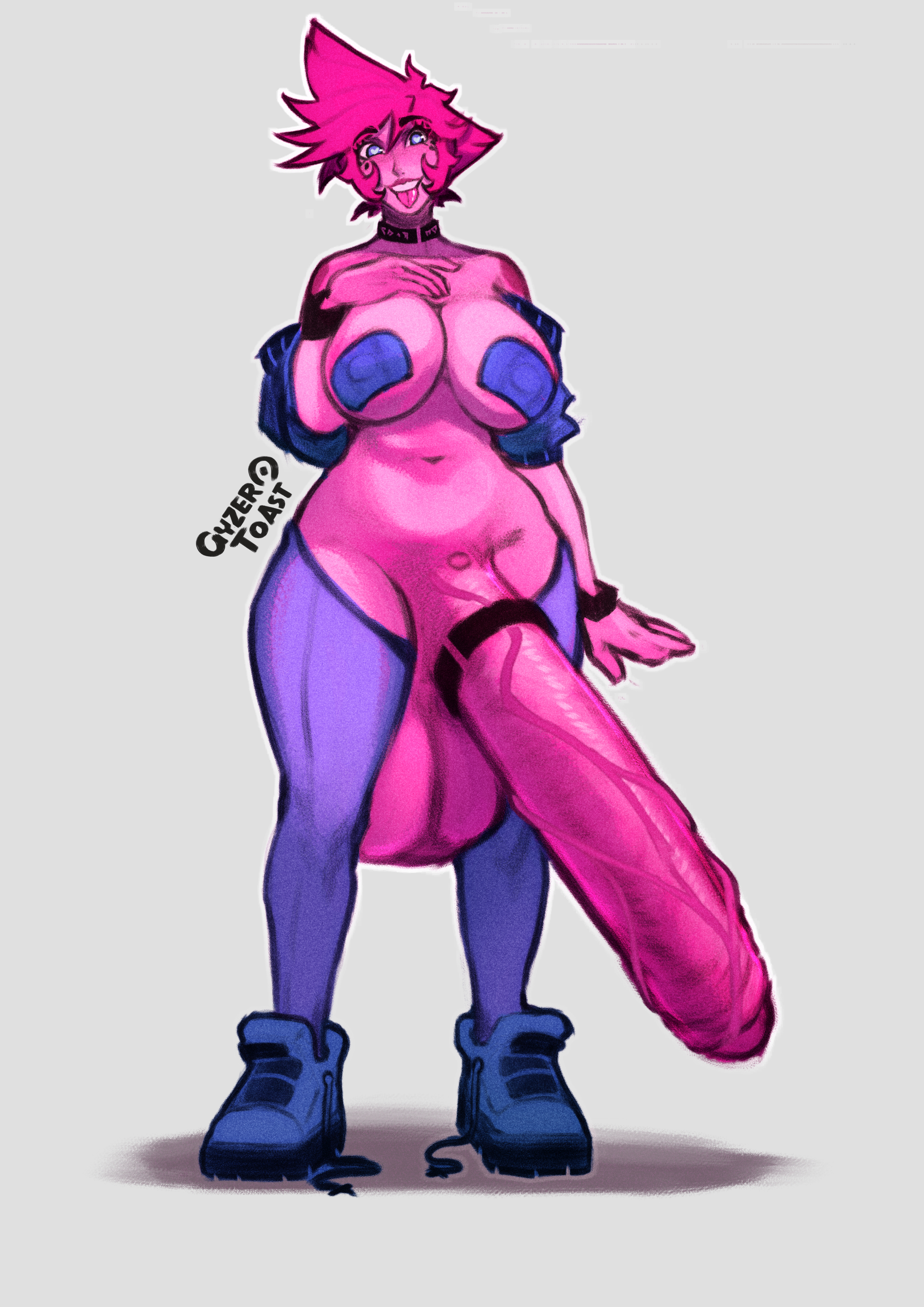 ball growth, blue eyes, bracelet, breasts, choker, clothed, clothed futa, cock ring, flaccid, flaccid penis, futa only, futanari, gigantic penis, gyzertoast, heart-shaped pupils, huge balls, huge cock, hyper penis, large breasts, legwear, nipple pasties, pasties, pear shaped, penis, penis bigger than torso, penis growth, penis growth (development), pink hair, pink skin, shoes, smile, smiling, solo futa, sophie (gyzertoast), spiky hair, testicles, thick penis, thick thighs, thin waist, tongue out, useless clothing, veiny penis, wide hips
