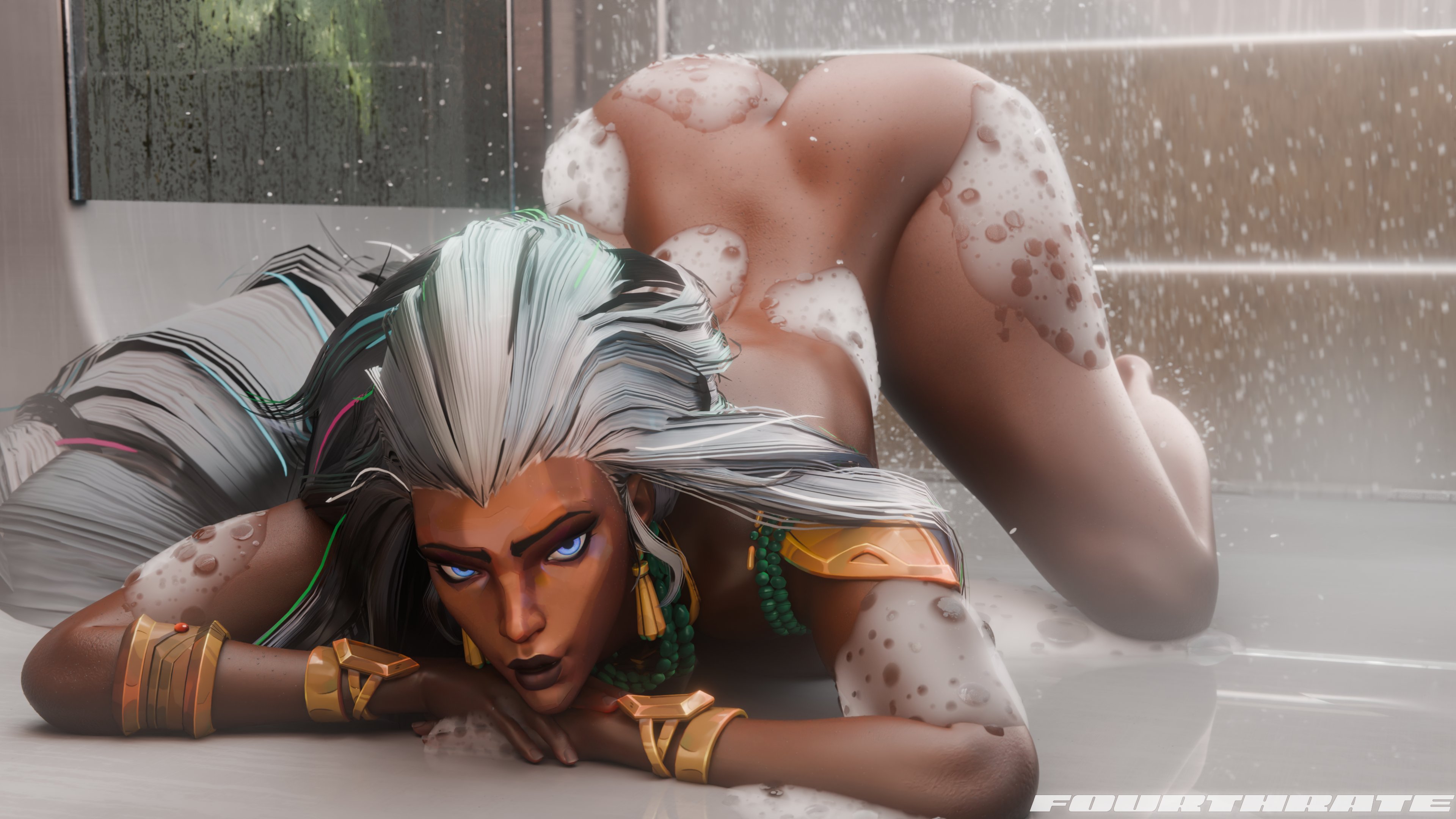 1girls, 3d, 4th rate, ass up, big ass, dark-skinned female, dat ass, looking at viewer, marvel, marvel comics, marvel rivals, shower, soap, soap bubbles, solo, storm (marvel rivals), storm (queen of wakanda), storm (x-men), x-men