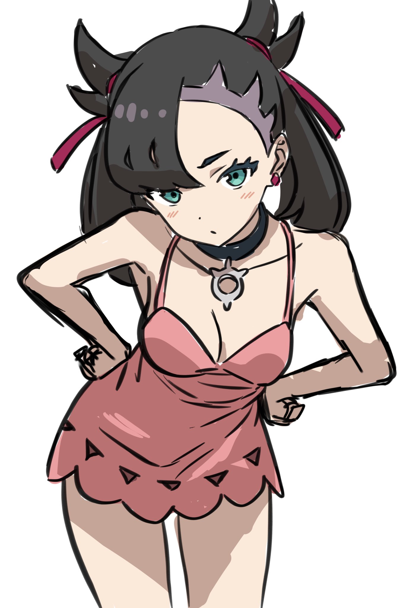 1girls, asymmetrical bangs, black choker, black hair, breasts, choker, cleavage, dress, earrings, female, female only, green eyes, hair ribbon, hands on own hips, highres, jewelry, kousuke0912, leaning forward, looking at viewer, marnie (pokemon), medium breasts, nintendo, no jacket, pink dress, pokemon, pokemon ss, pokemon swsh, ribbon, simple background, single earring, sketch, solo, thighs, twintails, undercut, white background