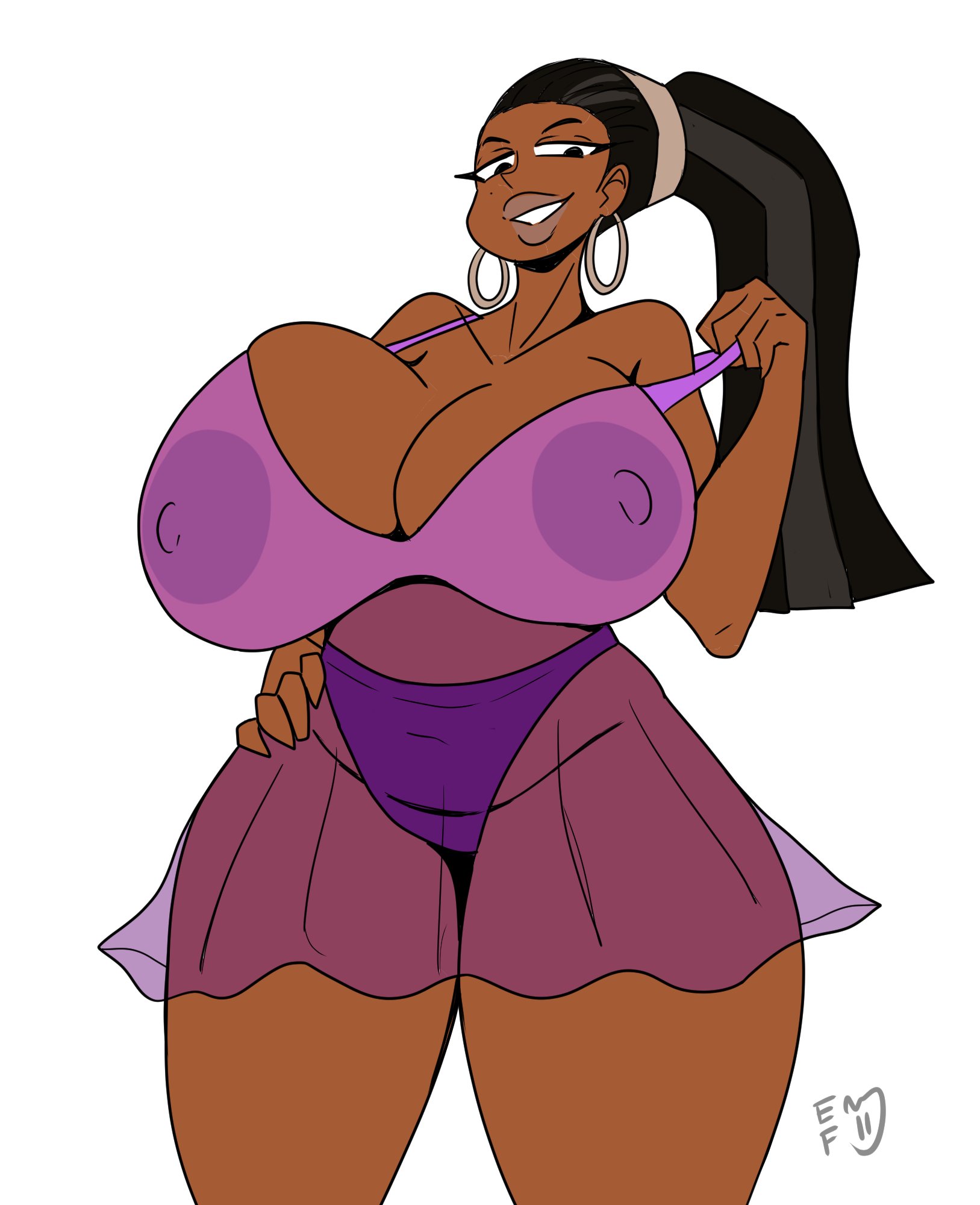 1girl, 2d, areola, big breasts, black hair, bra, breasts, brown skin, brown skinned female, dark skin, dark-skinned female, etherflame, female focus, female only, front view, hand on hip, large breasts, leshawna (tdi), looking at viewer, nightgown, nipples, purple bra, purple panties, purple underwear, seductive, seductive body, seductive eyes, seductive gaze, seductive look, seductive mouth, seductive pose, seductive smile, see-through, sexy, sexy body, sexy female, sexy pose, sleepwear, solo, solo female, solo focus, tagme, thick thighs, total drama island, wide hips