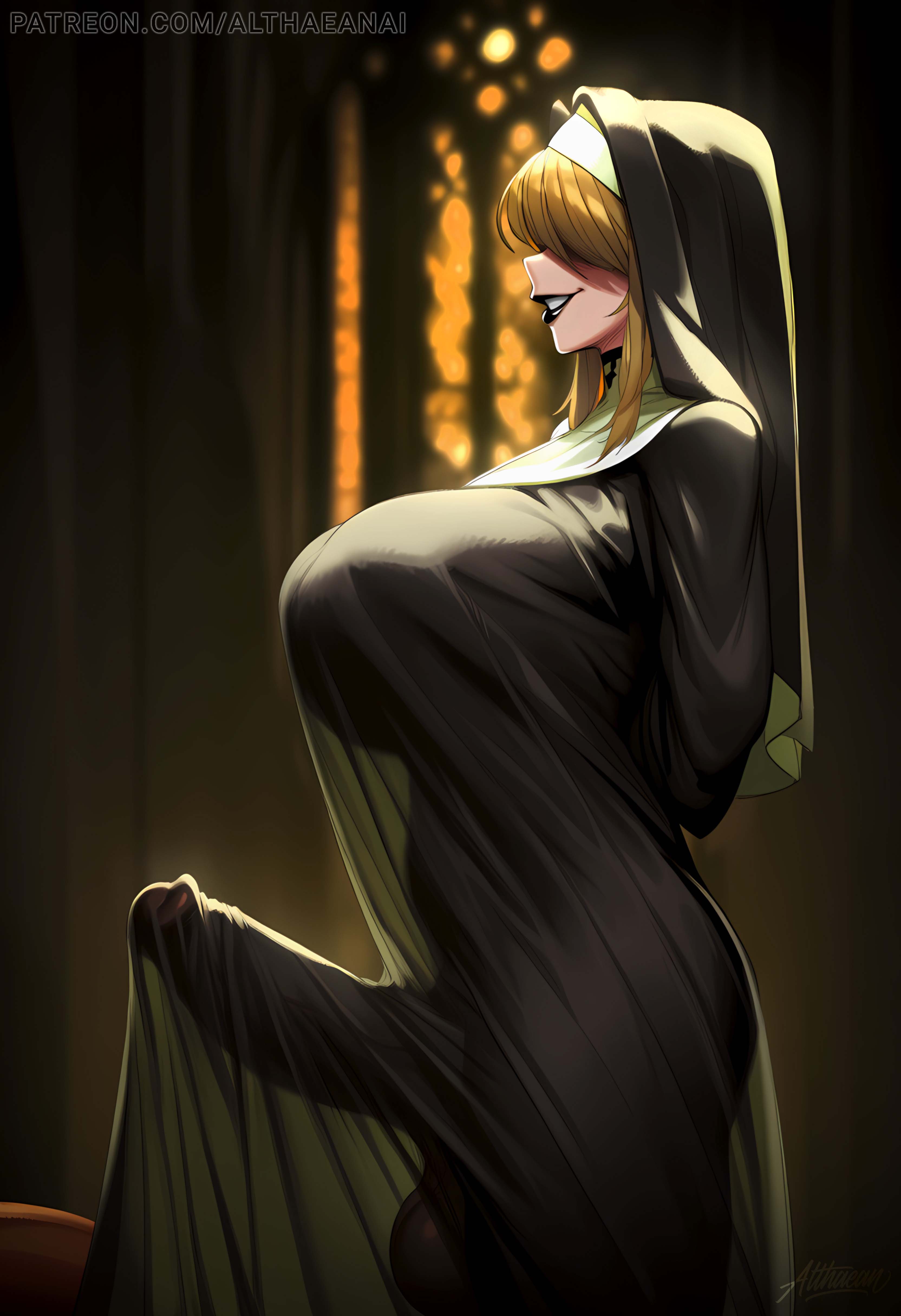 1futa, ai generated, althaean, backlighting, black lipstick, breasts, bulge, bulge through clothing, bulge under clothes, cathedral, coif, curvy futa, depth of field, dickgirl, facing away, female, from side, futa only, futanari, grin, hair, hidden eyes, huge breasts, medium, naughty face, nun, nun outfit, seductive smile, sheer, sheer clothing, smile, smirk, solo, swept bangs, thick thighs, uncensored, veil, voluptuous, voluptuous female, voluptuous futa