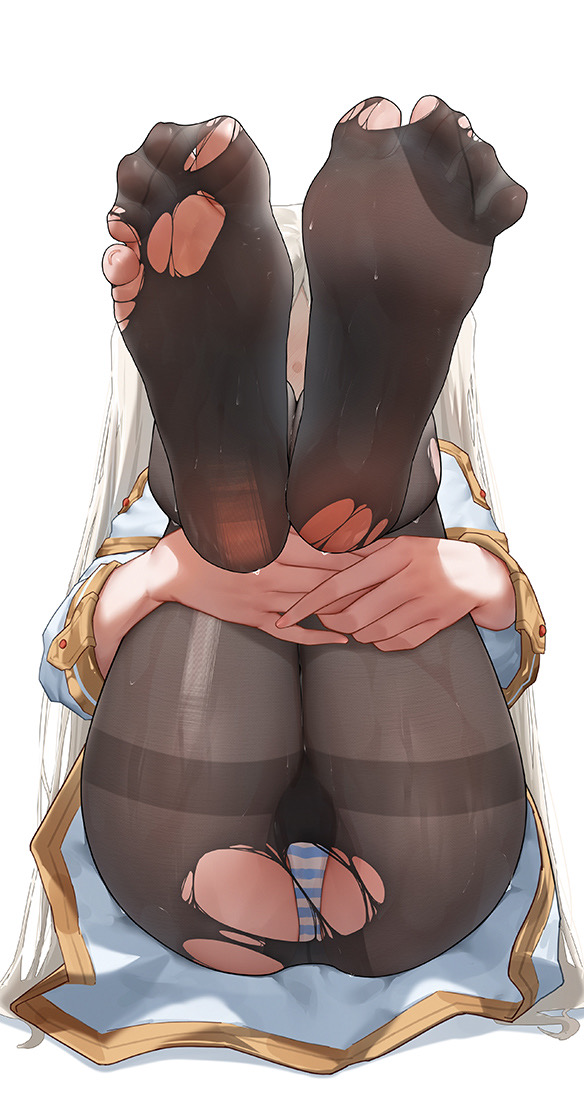 ass, black legwear, blue striped panties, feet, feet up, feet visible through clothing, female, female only, foot focus, frieren, frieren beyond journey's end, holding legs, legs up, panties, pantyhose, ripped clothing, soles, solo, solo female, striped panties, summer (artist), toe spread, toes, torn clothes, torn clothing, torn pantyhose