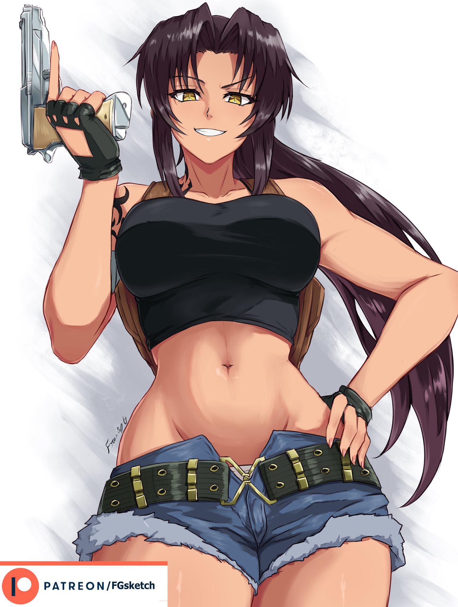 1girls, artist name, bare shoulders, belt, black gloves, black lagoon, black tank top, blue shorts, breasts, collarbone, commentary, crop top, english commentary, female, female only, fgsketch, fingerless gloves, fully clothed, gloves, grin, groin, gun, hand on own hip, handgun, highres, holding, holding gun, holding weapon, long hair, midriff, navel, patreon logo, patreon username, purple hair, revy, short shorts, shorts, signature, smile, solo, standing, tank top, weapon, yellow eyes