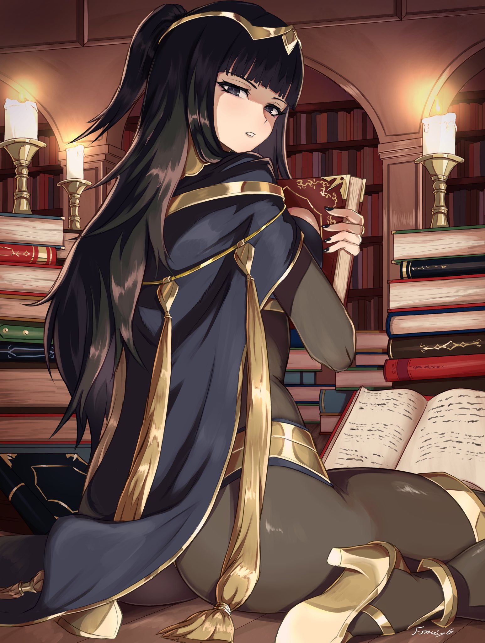 1girls, ass, black bodystocking, black hair, black nails, blue cape, blunt bangs, bodystocking, book, book stack, bookshelf, bracelet, breast press, breasts, bridal gauntlets, candle, candlestand, cape, circlet, commentary, english commentary, female, female only, fgsketch, fingernails, fire, fire emblem, fire emblem awakening, from behind, high heels, highres, holding, holding book, indoors, jewelry, kneeling, large breasts, long hair, looking at viewer, looking back, nail polish, nintendo, purple eyes, ring, sitting, skin tight, solo, tharja (fire emblem), thick thighs, thighs, tiara, two side up, two-tone cape, wariza