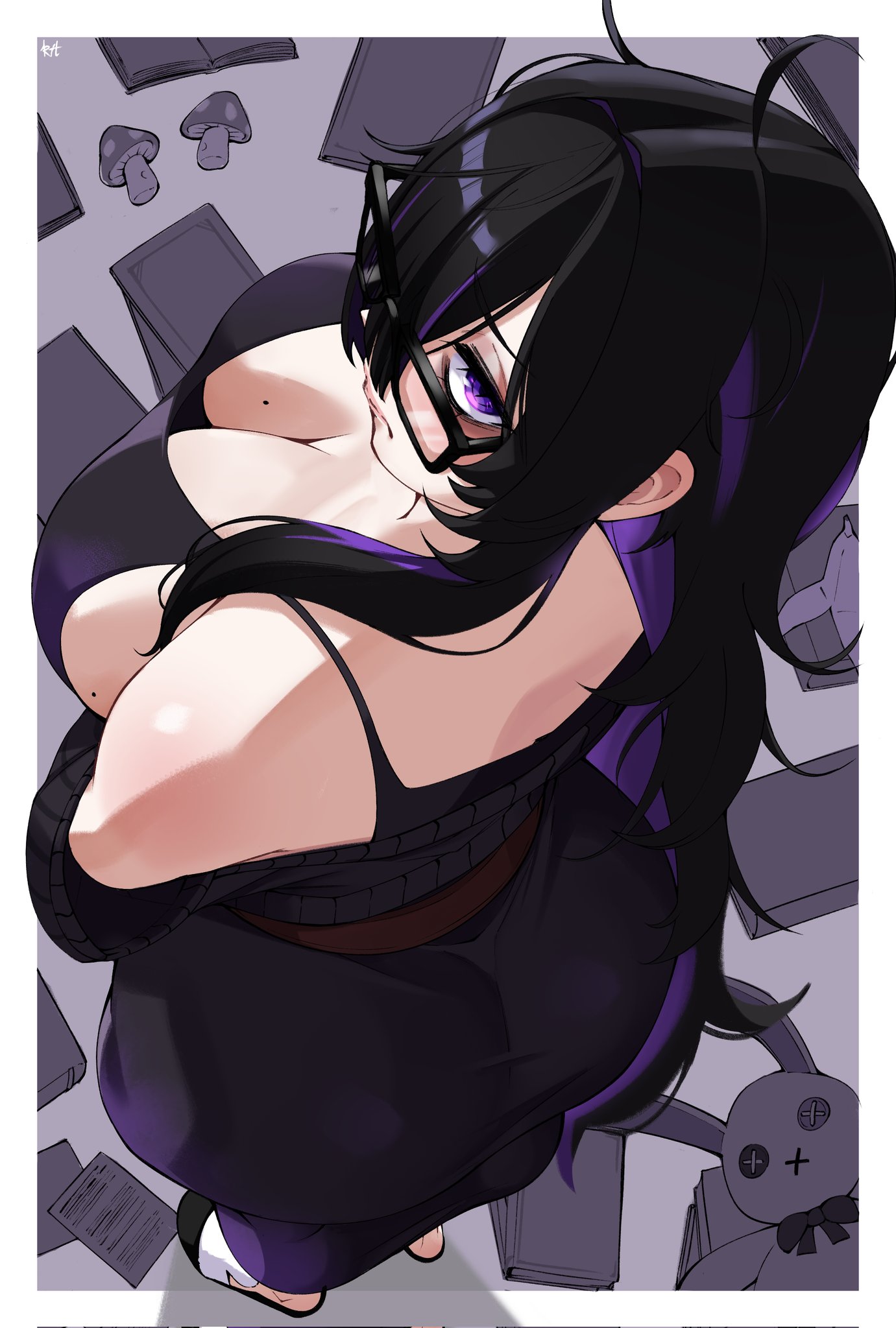 1girls, ass, big ass, big breasts, black cardigan, black dress, black hair, black-framed eyewear, border, breasts, cardigan, cardigan partially removed, clarkekitsp, cleavage, colored inner hair, dress, female, female only, from above, from behind, full body, glasses, goddess of victory: nikke, hair over one eye, highres, label (nikke), large breasts, long hair, mole, mole on breast, multicolored hair, mushroom, outside border, purple hair, purple streaks, solo, streaked hair, stuffed animal, stuffed rabbit, stuffed toy, taut clothes, taut dress, two-tone hair, very long hair, white border