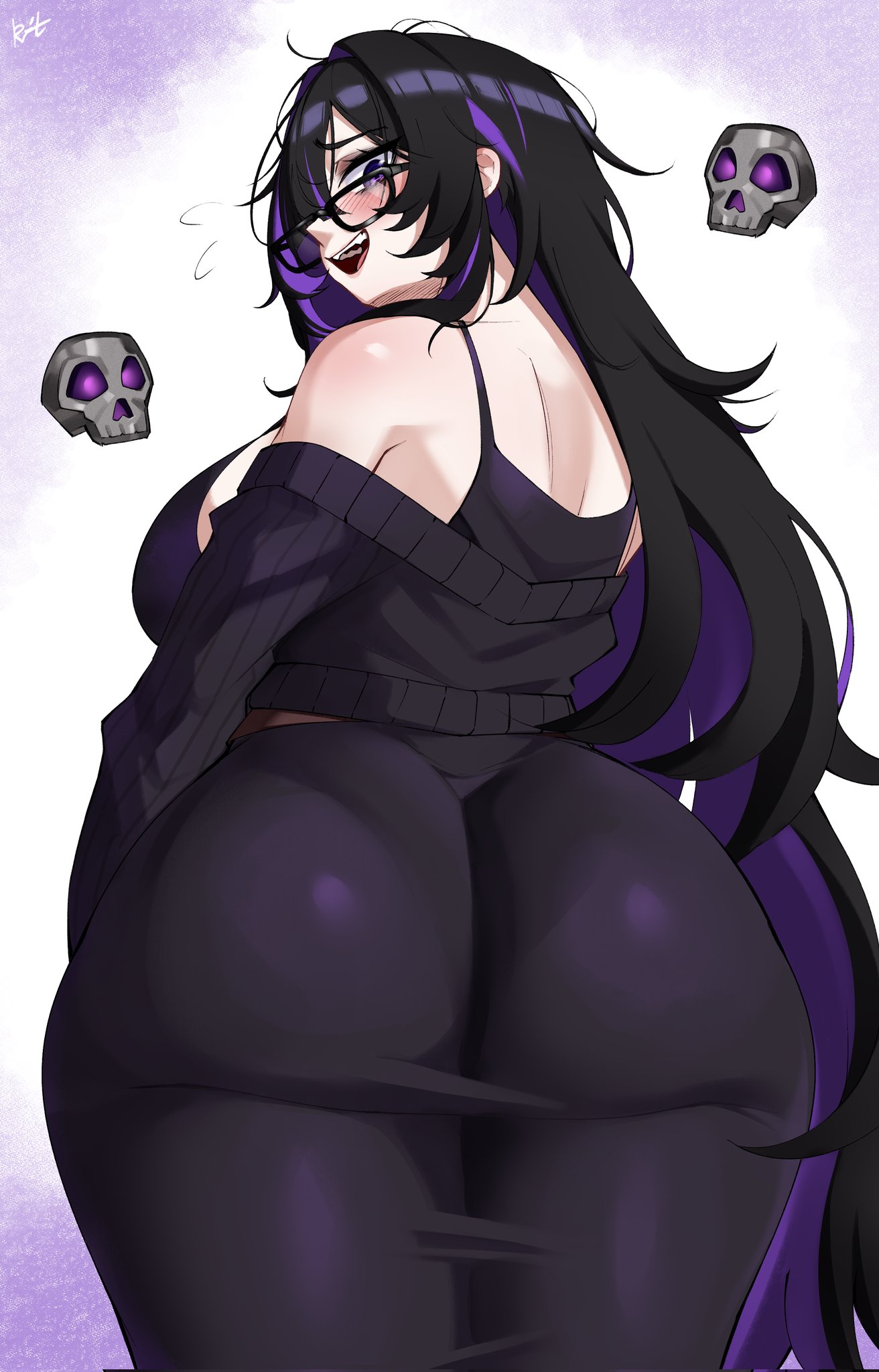 1girls, ass, bags under eyes, big ass, big breasts, black cardigan, black dress, black hair, black-framed eyewear, blush, breasts, cardigan, cardigan partially removed, clarkekitsp, colored inner hair, crooked eyewear, dress, female, female only, floating skull, from behind, glasses, goddess of victory: nikke, hair over one eye, highres, label (nikke), large breasts, legs together, long hair, looking at viewer, looking back, multicolored hair, nervous smile, purple eyes, purple hair, purple streaks, smile, solo, standing, taut clothes, taut dress, two-tone hair