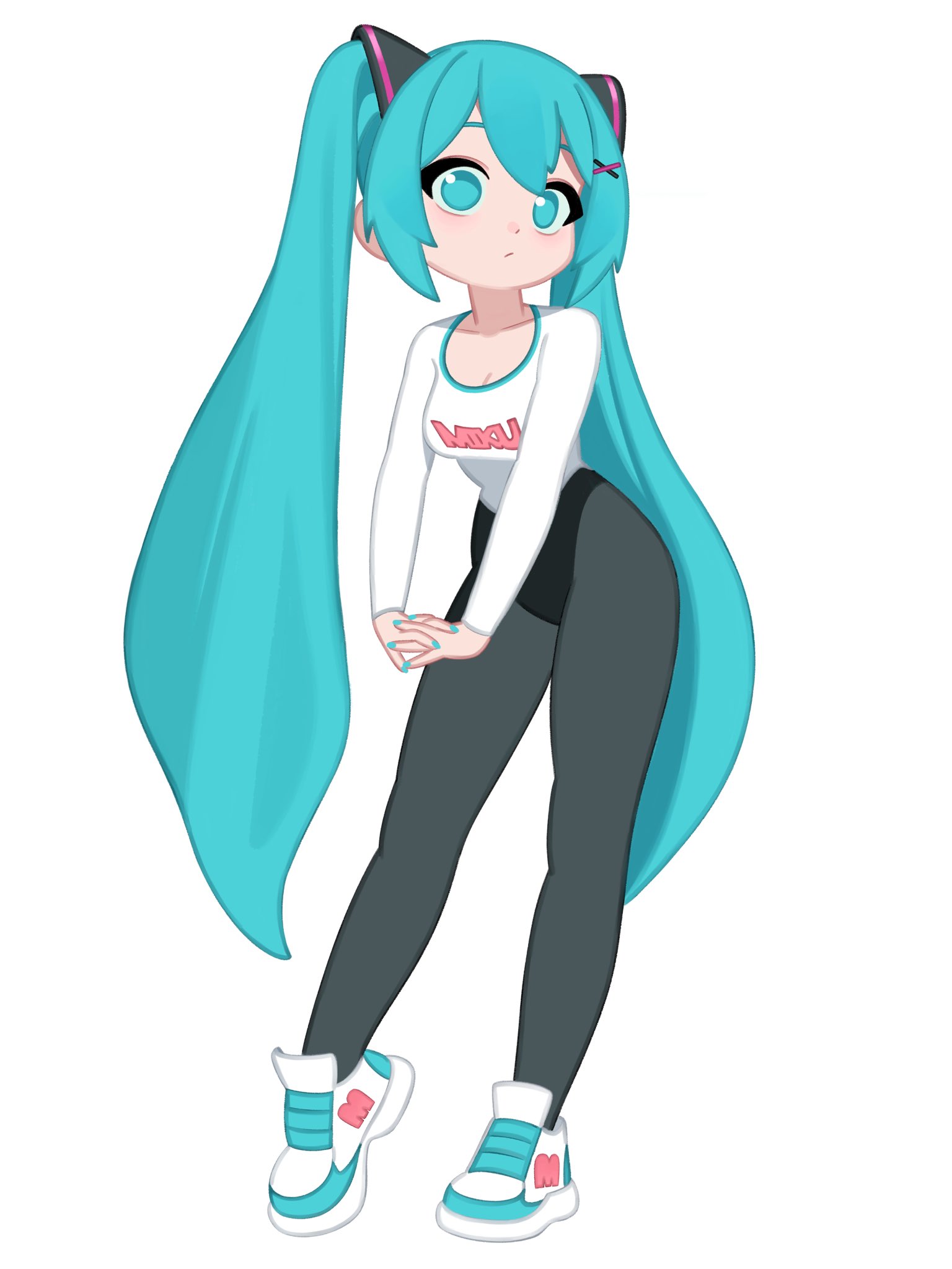 1girl, aqua eyes, aqua hair, aqua nails, bangs, black pants, breasts, cleavage, closed mouth, female, full body, hair ornament, hands folded, hatsune miku, highres, hochihochiha, hochihochihavocaloid, leaning forward, leggings, leotard leggings, long hair, long sleeves, looking at viewer, medium breasts, nail polish, own hands together, pants, shirt, shoes, simple background, sneakers, solo, standing, twintails, very long hair, white background, white shirt, x hair ornament