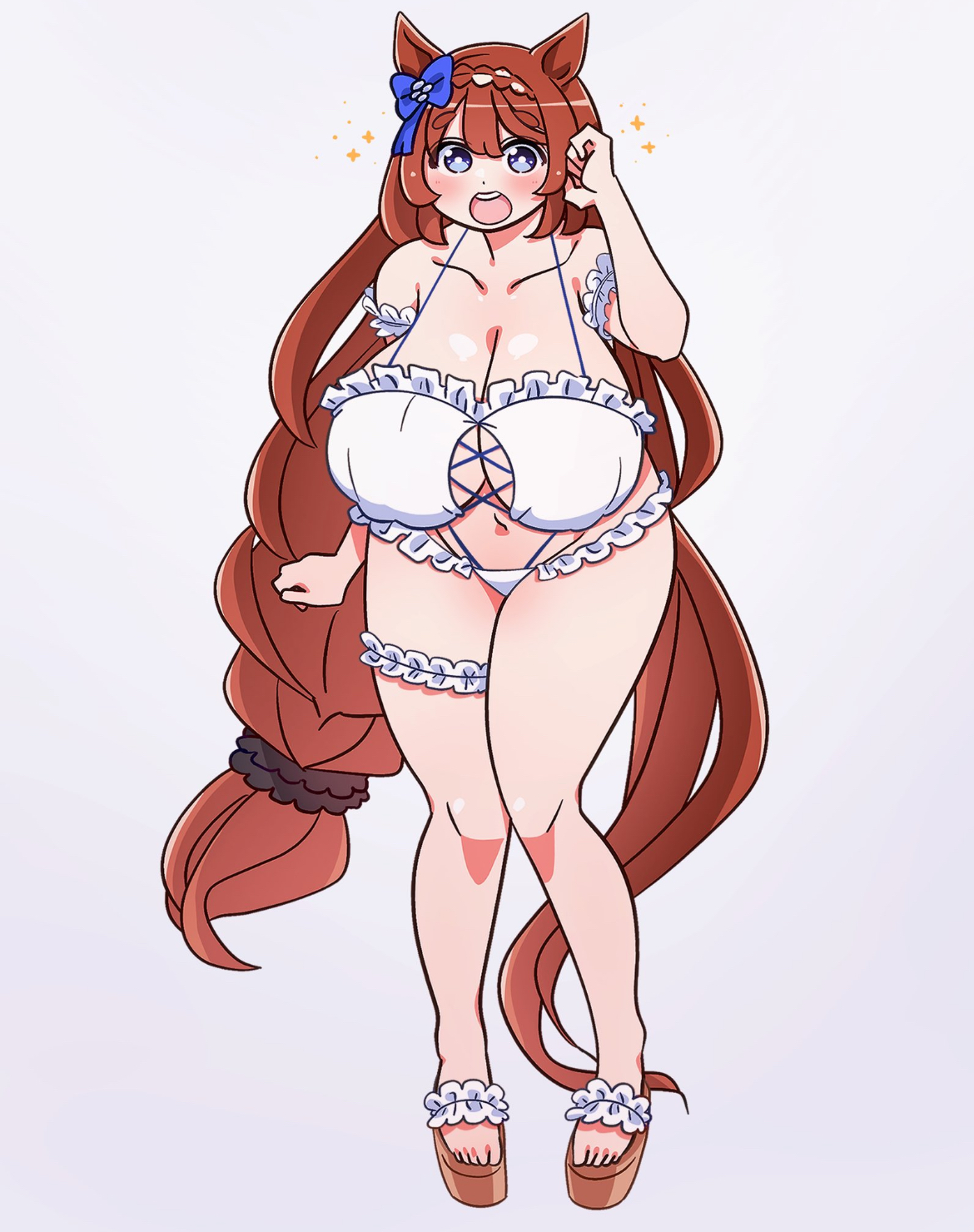 :o, big breasts, big thighs, bikini, blue eyes, braided hair, breasts, breasts bigger than head, busty, busty female, child bearing hips, cute, cute face, female, female focus, female only, ginger hair, hanging breasts, horse, horse ears, horse girl, horse tail, kaijin debeso, long hair, long legs, oppai, orange hair, revealing, revealing clothes, sandals, sexy, sexy body, solo, solo female, solo focus, super creek (umamusume), thick thighs, umamusume, umamusume pretty derby, wide hips, wide thighs